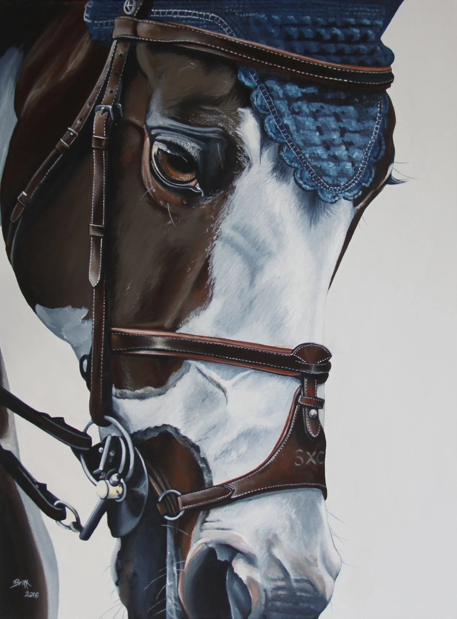 Close-up painting of a horse's face with a bridle and a blue braided browband, showing details of the eye, nose, and mouth.