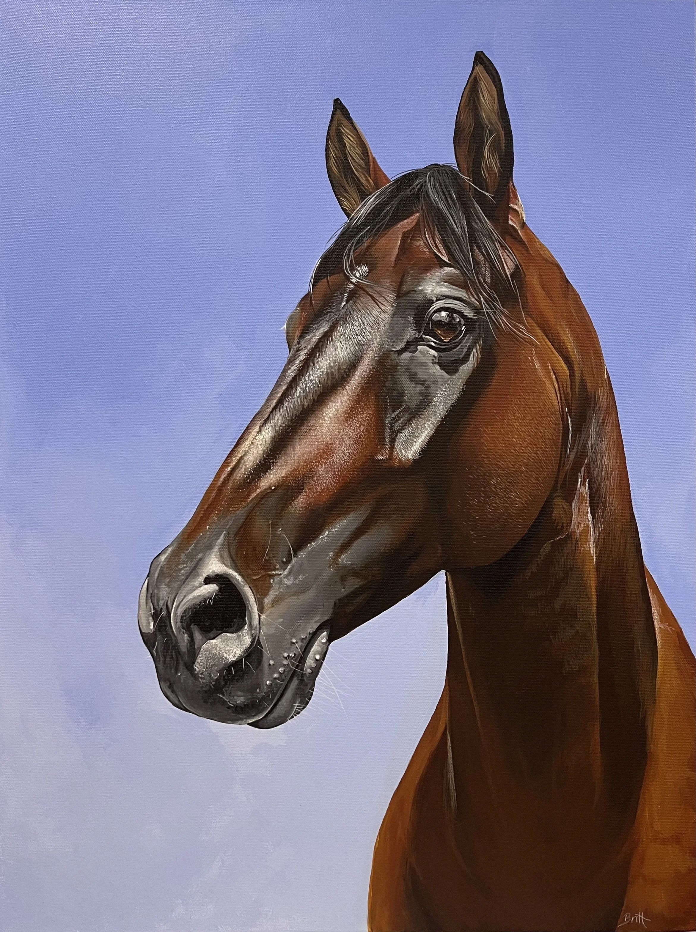 A detailed painting of a brown horse with a black mane against a light blue sky background.