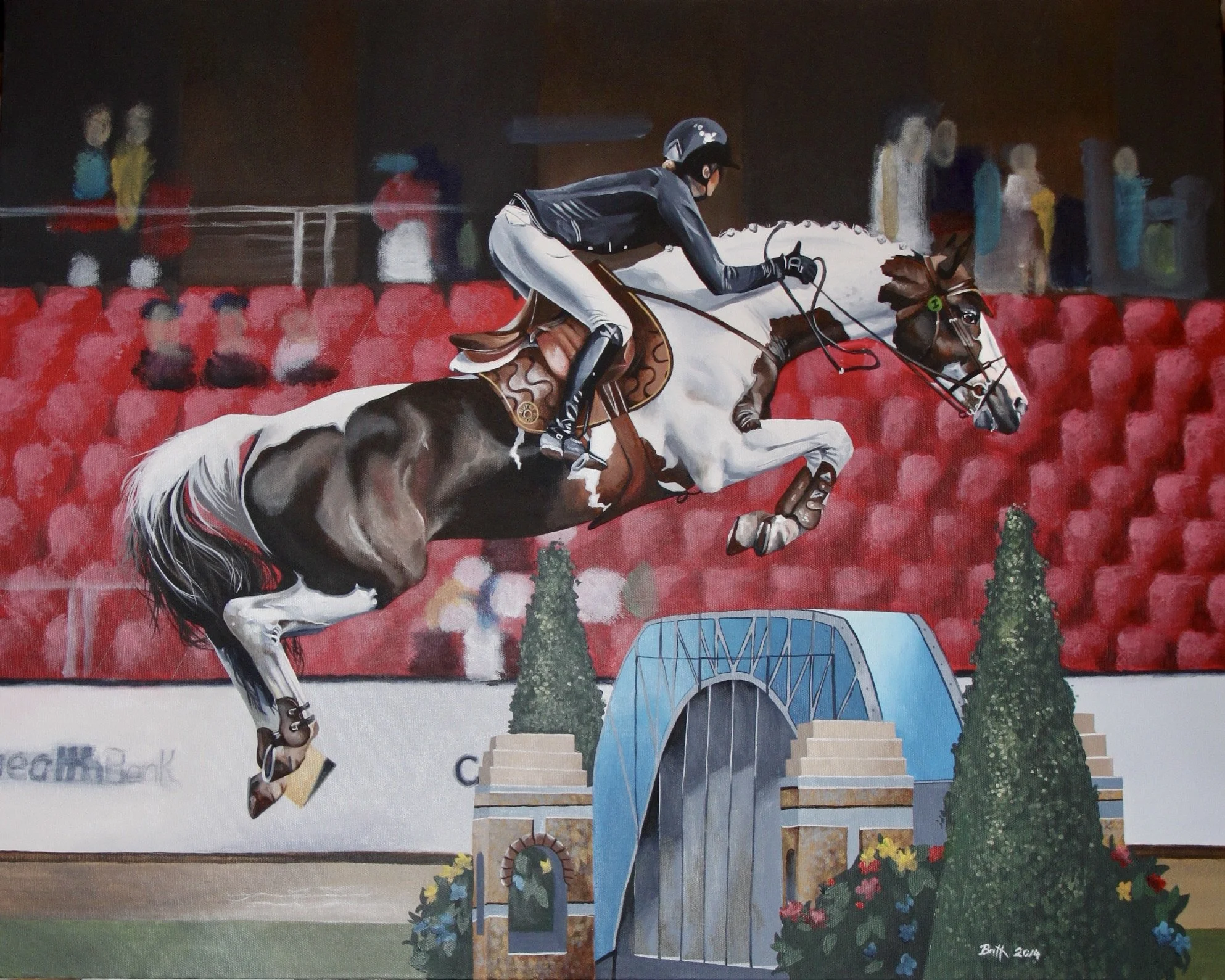 Painting of a horse and rider jumping over a gate at an indoor equestrian arena, with blurred spectators in the background and greenery and flowers in the foreground.