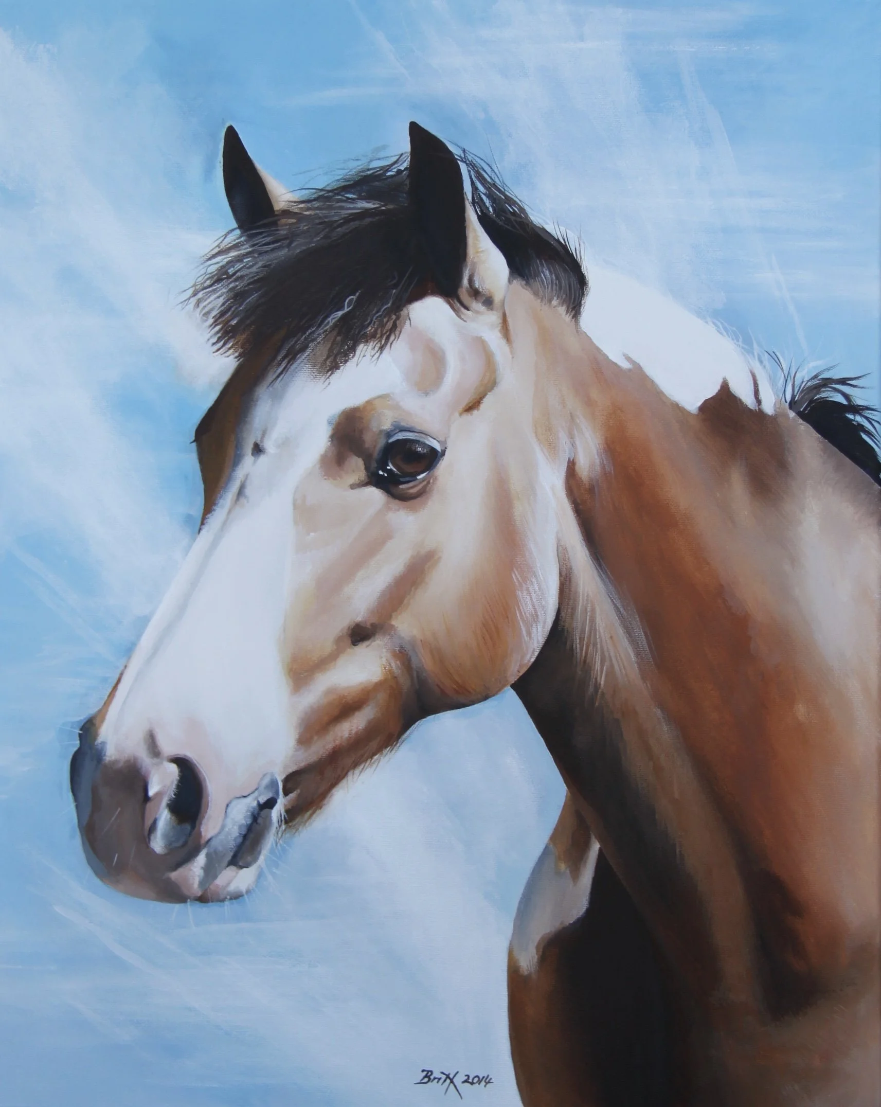 A detailed painting of a brown and white horse's head with a blue sky background.