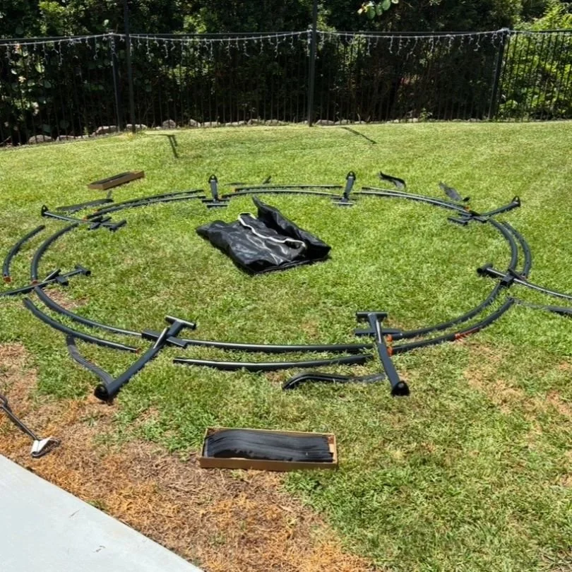 Tips for assembling Vuly Thunder 2 trampoline. Frame pieces and mat prepared for easier assembly. Brissie Tramps.