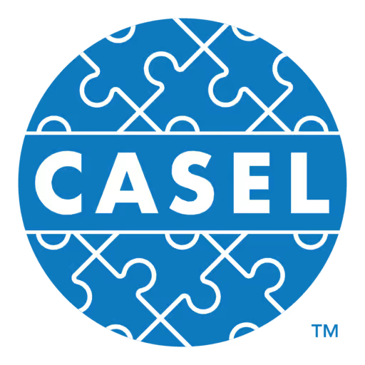 Blue circular logo with the word 'CASEL' in white, over a background of white interconnected puzzle pieces.