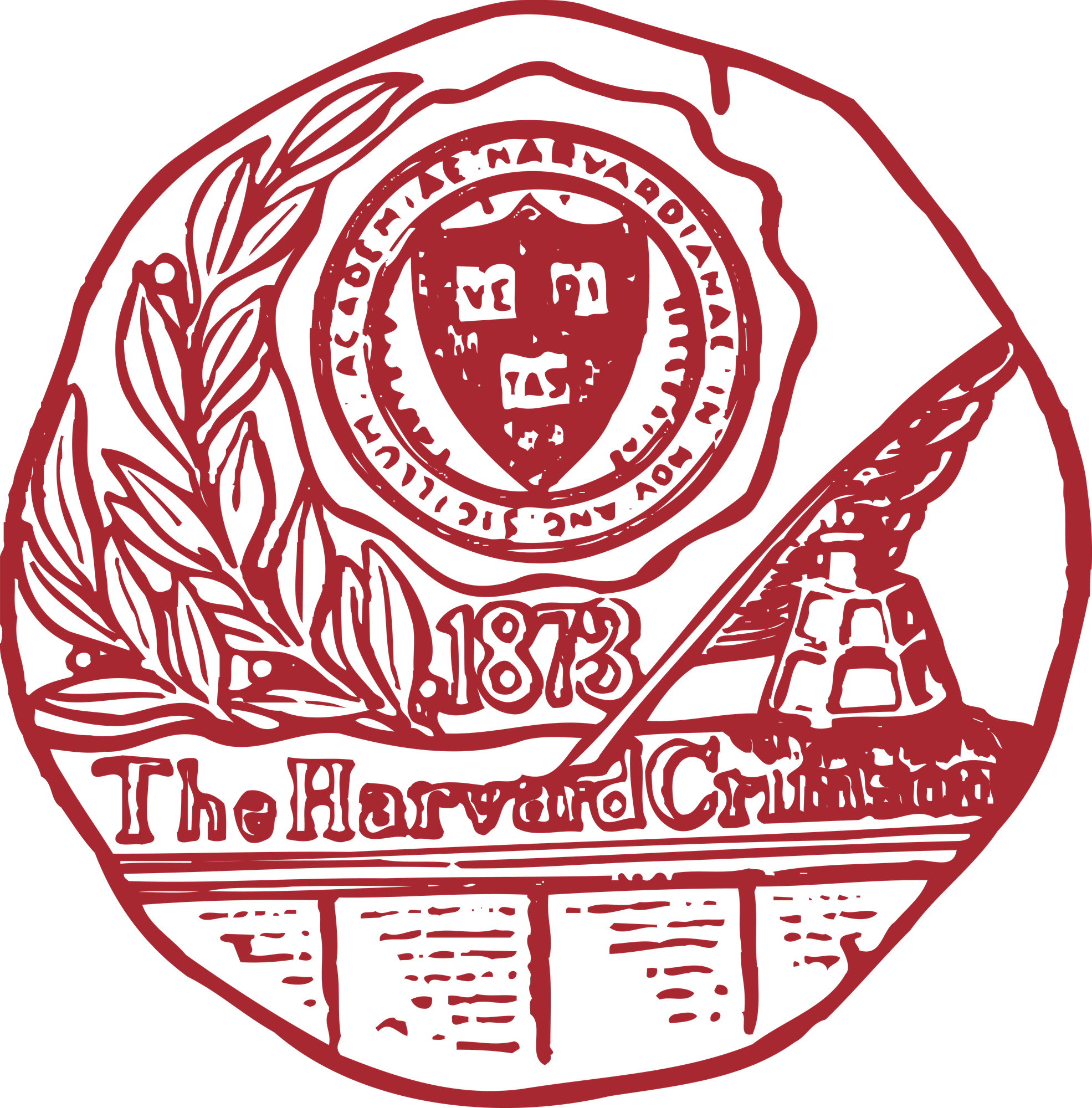 A red, circular emblem of Harvard College with the university seal, the year 1873 at the bottom, and the words "The Harvard Crimson" indicating its association with Harvard University.