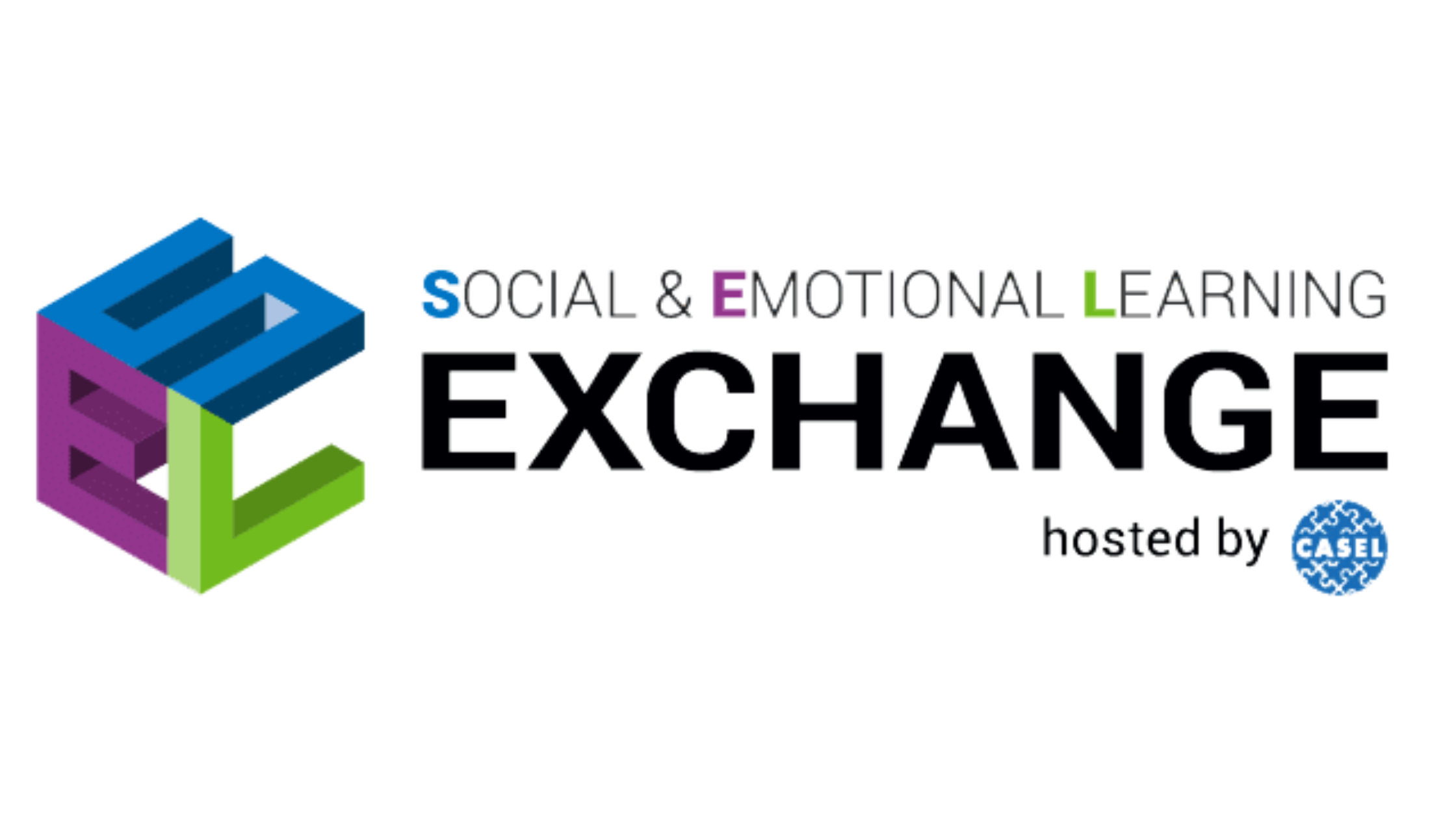 Logo for Social & Emotional Learning Exchange hosted by CASEL, featuring a colorful geometric design and text.