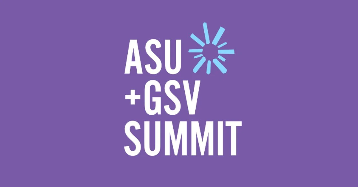 Purple background with white text reading "ASU + GSV SUMMIT" and a blue stylized sun logo.