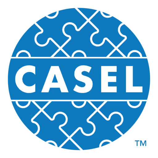 A round blue puzzle piece logo with the word 'CASEL' written in white across the center.