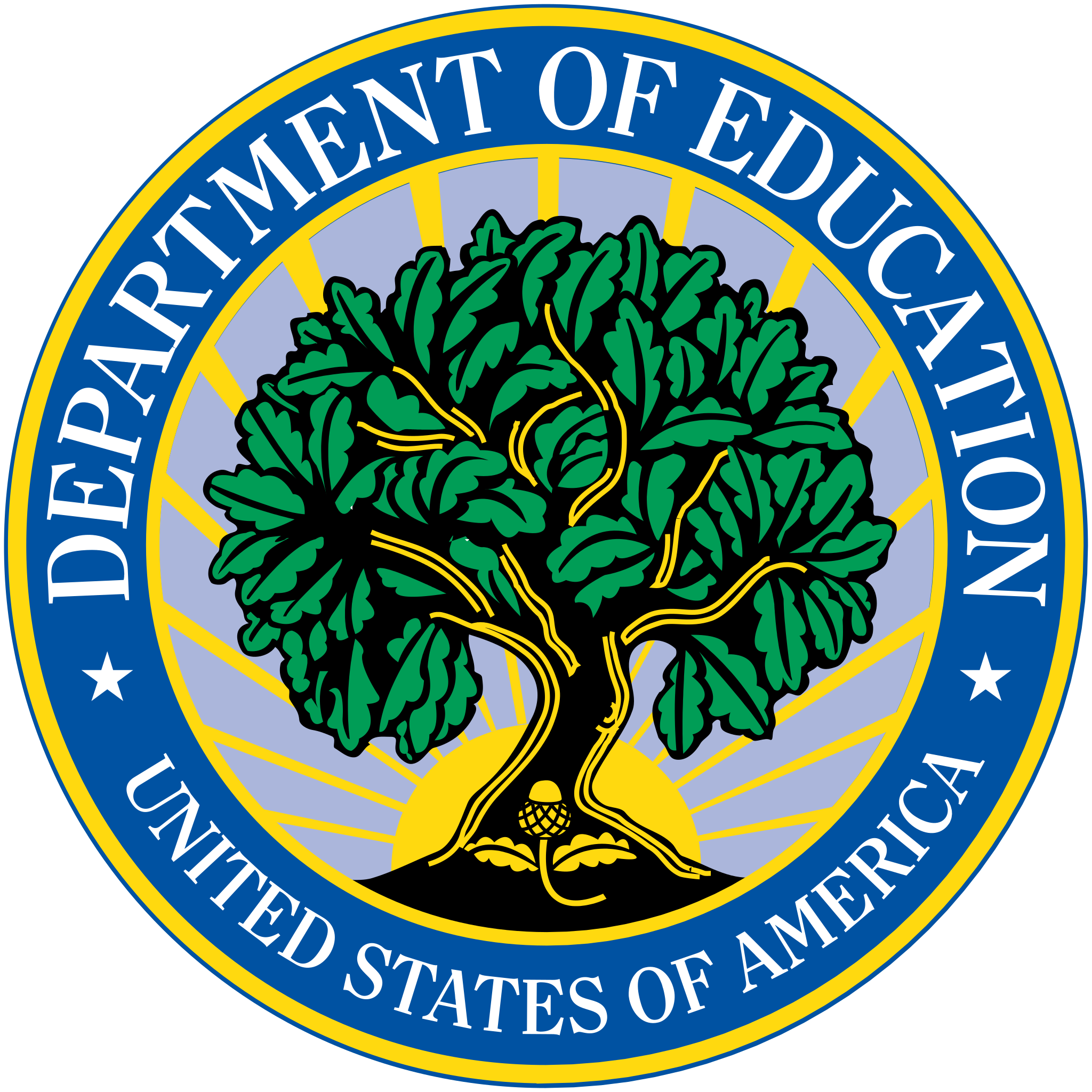 Official badge of the U.S. Department of Education, featuring a green tree with a black trunk and yellow roots, and a small globe under the tree, encircled by blue and yellow rings with the text 'U.S. Department of Education' and 'United States of America'.