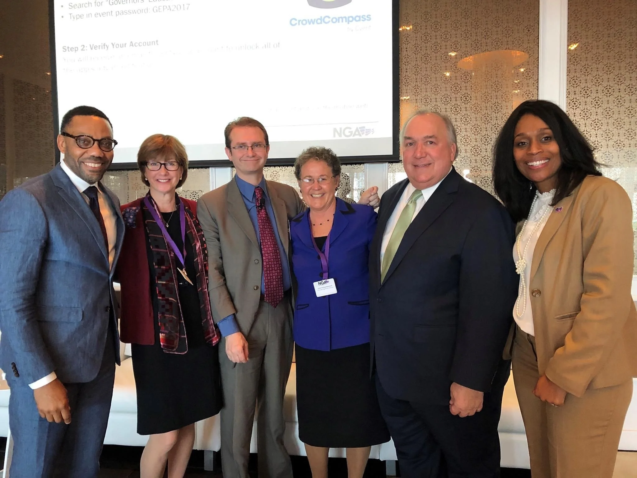 Dr. Samuel poses with Dr. Andre Perry (far left), Dr. Walter Gilliam (center left), Dr. Linda Darling-Hammond (center) and panelists at the 2017 Governors' Education Policy Advisors Institute.
