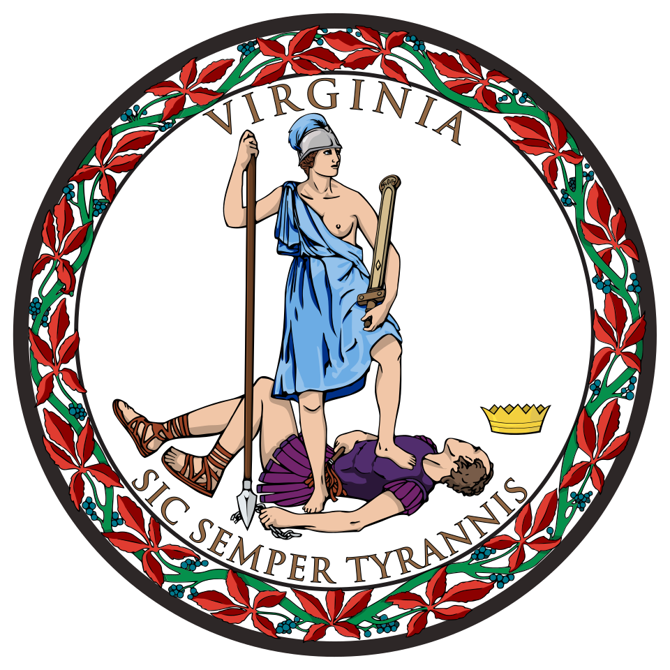 The Virginia state seal featuring Virtus, a female figure in a blue toga holding a spear and a shield, standing over a fallen man, with a yellow crown nearby, surrounded by red and green floral design and the text "VIRGINIA" and "SIC SEMPER TYRANNIS."