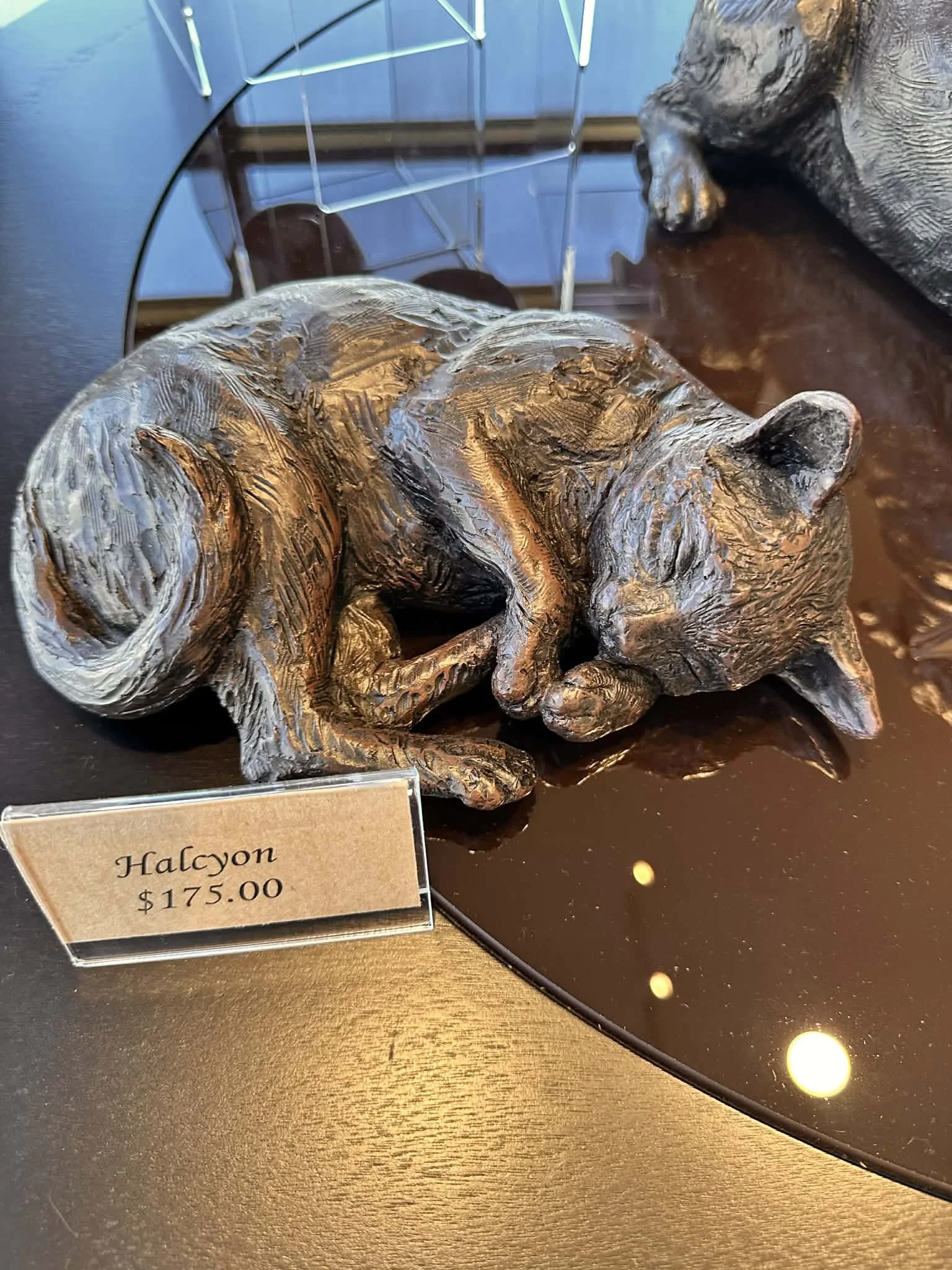 Bronze sculpture of a hog laying down, titled 'Halcyon,' priced at $175.00, on display on a dark surface with a reflective black background.