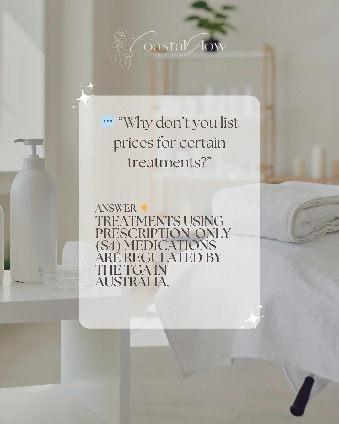 💬 &ldquo;Why don&rsquo;t you list prices for in-clinic treatments?&rdquo;

Great question &mdash; and here&rsquo;s why 👆

#CoastalGlowCosmetics 
#GlowFromWithin 
#SkinConfidenceStartsHere 
#InClinicTreatments 
#HealthySkinGlow 
#TailoredSkinCare 
#