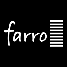 Farro logo with stylized text and striped graphics on a black background