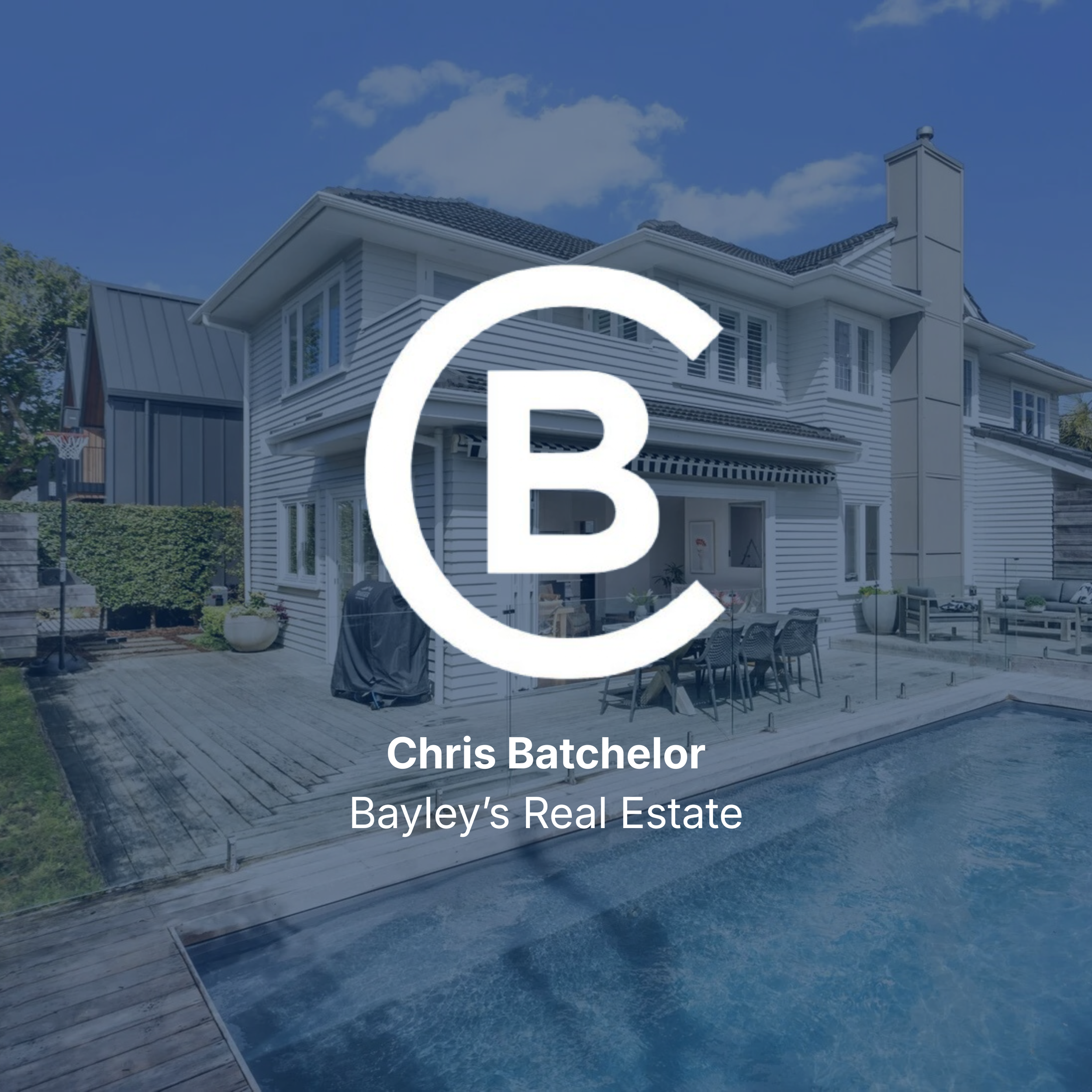 A modern two-story house with a swimming pool in the backyard, outdoor dining area, and patio furniture, under a blue sky with clouds.