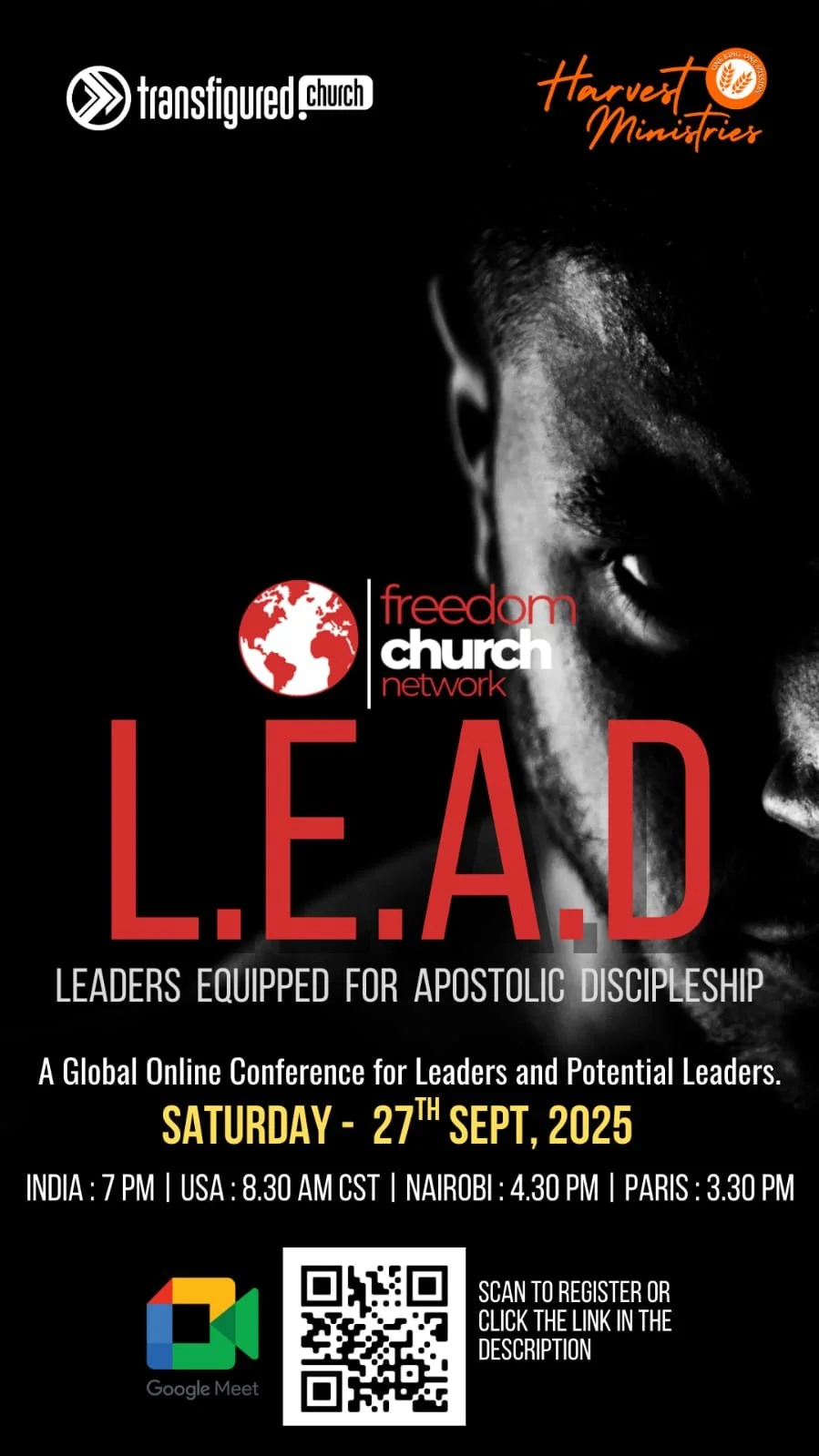 Promotional poster for the L.E.A.D. conference organized by Freedom Church Network, scheduled for Saturday, September 27, 2025. The poster features a close-up black and white photo of a person's face and logos of Transfigured Church and Harvest Ministries.