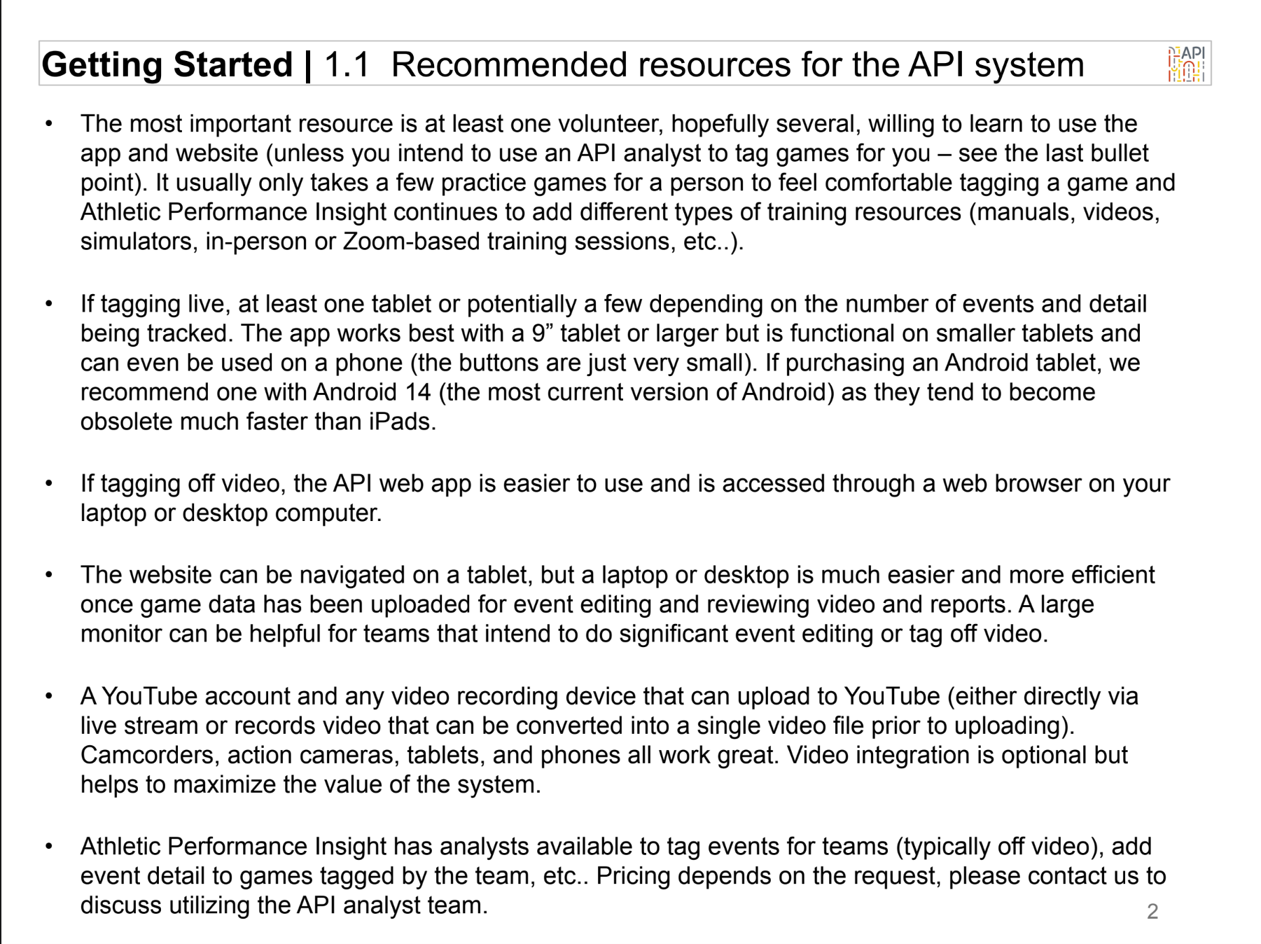 Page from a guide titled "Getting Started" with recommendations for using an API system, including tags and tips for filming, tagging, web app access, device compatibility, and video recording.
