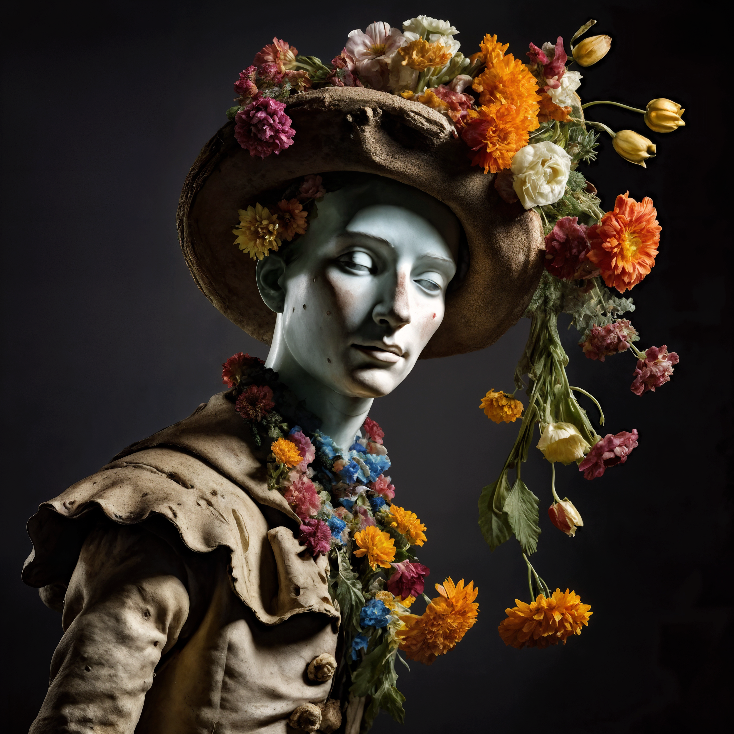 Floral portrait of a quiet figure adorned with blossoms, capturing the moment when petals wake in the sleepless hours of imagination