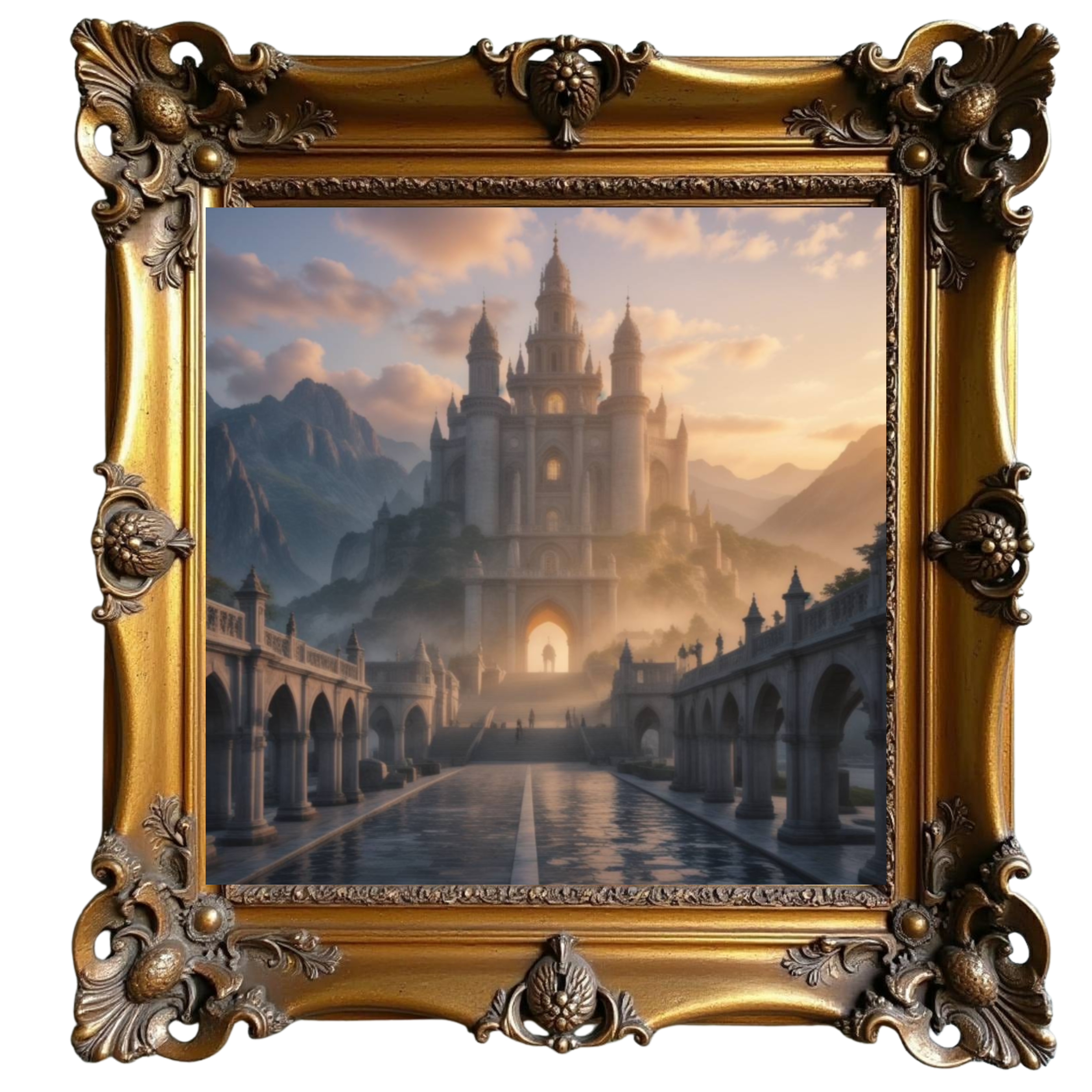 Steamfast Keep — framed fantasy portal of a fortified realm lit by warm evening light.”