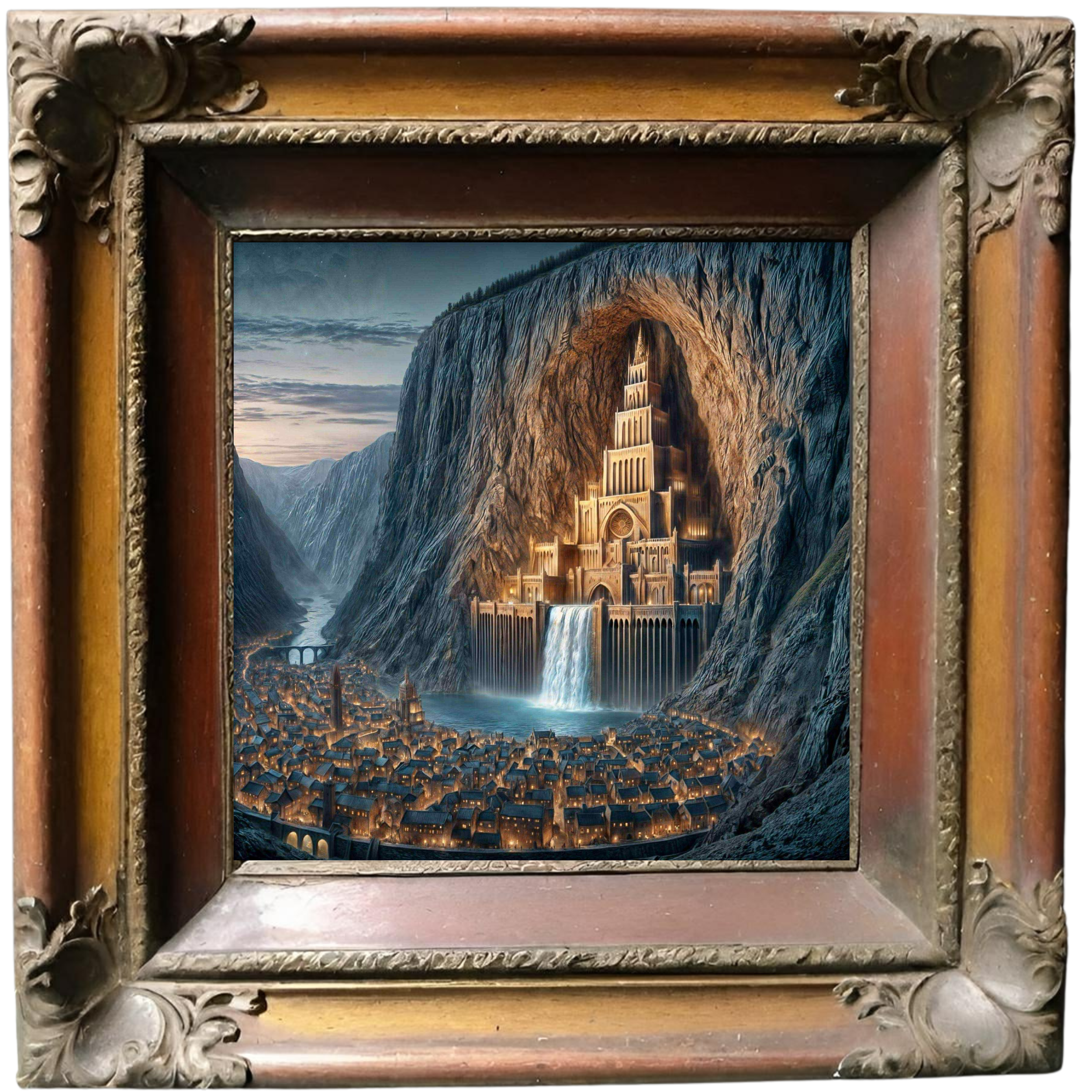 The Hallowed Expanse — framed fantasy portal revealing a golden-lit valley under sweeping clouds