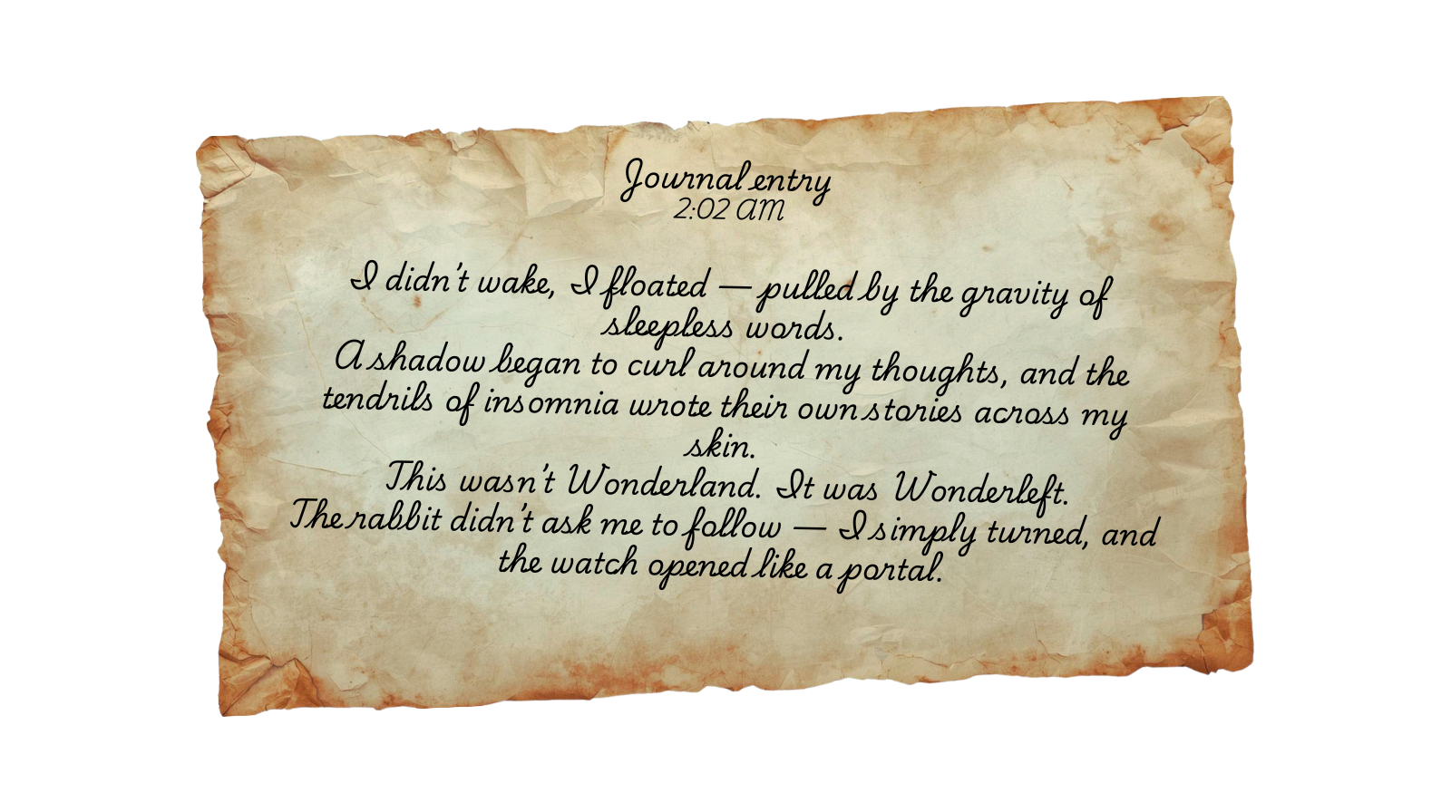Antique parchment showing journal entry at 2:02 a.m., where the narrator floats through insomnia as tendrils of shadow and sleepless words form a portal opened by the rabbit’s watch.