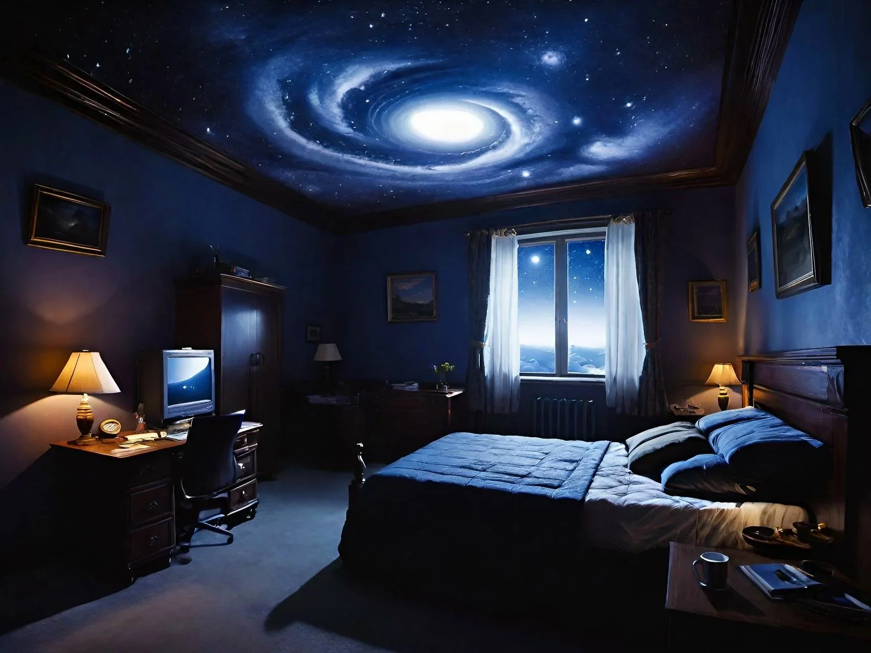 bedroom at night with spinning galaxy on ceiling 
