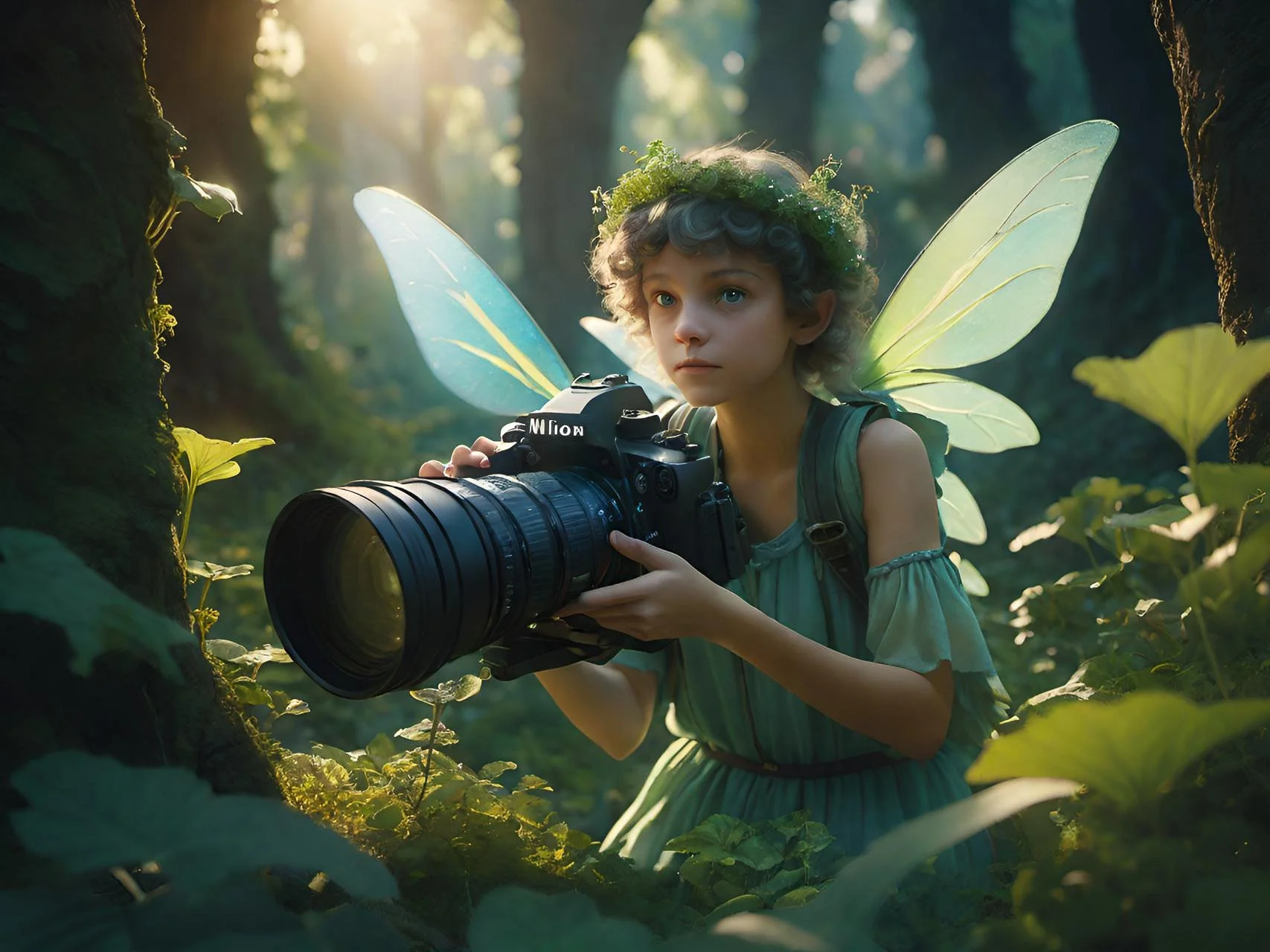 In the canopy’s hush, an emerald-clad fae peers through her lens — the forest reflected back in her curious eyes, half myth, half mirror