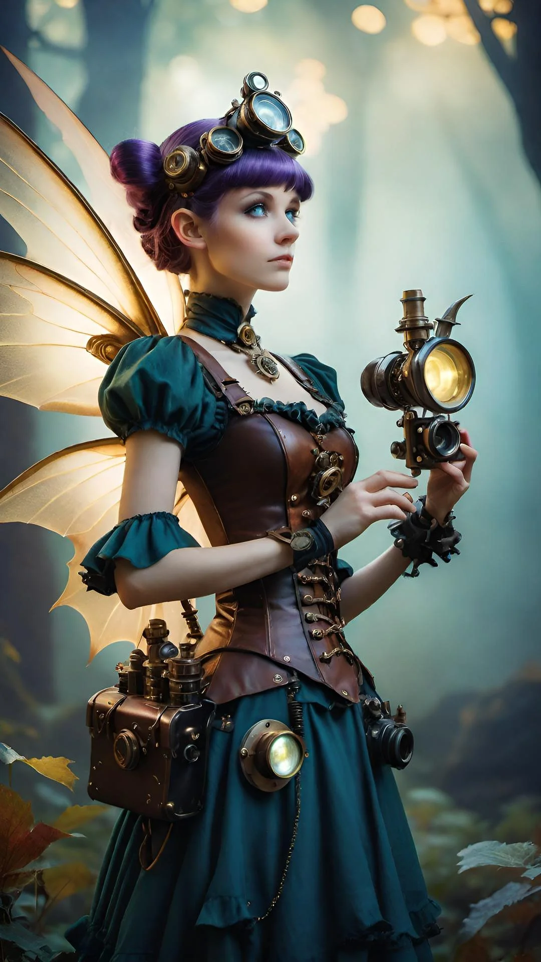 Middle Tinkering Sister — steampunk fae adjusting gears and lenses, glowing teal dress and brass mechanisms, the one who reshapes stolen human tinkering into fae magic