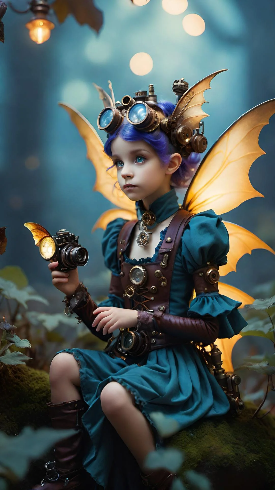Youngest of the Tinkering Sisters — steampunk fae with bright wings and goggles, perched low and listening between worlds as she follows her sisters through the thin hour.