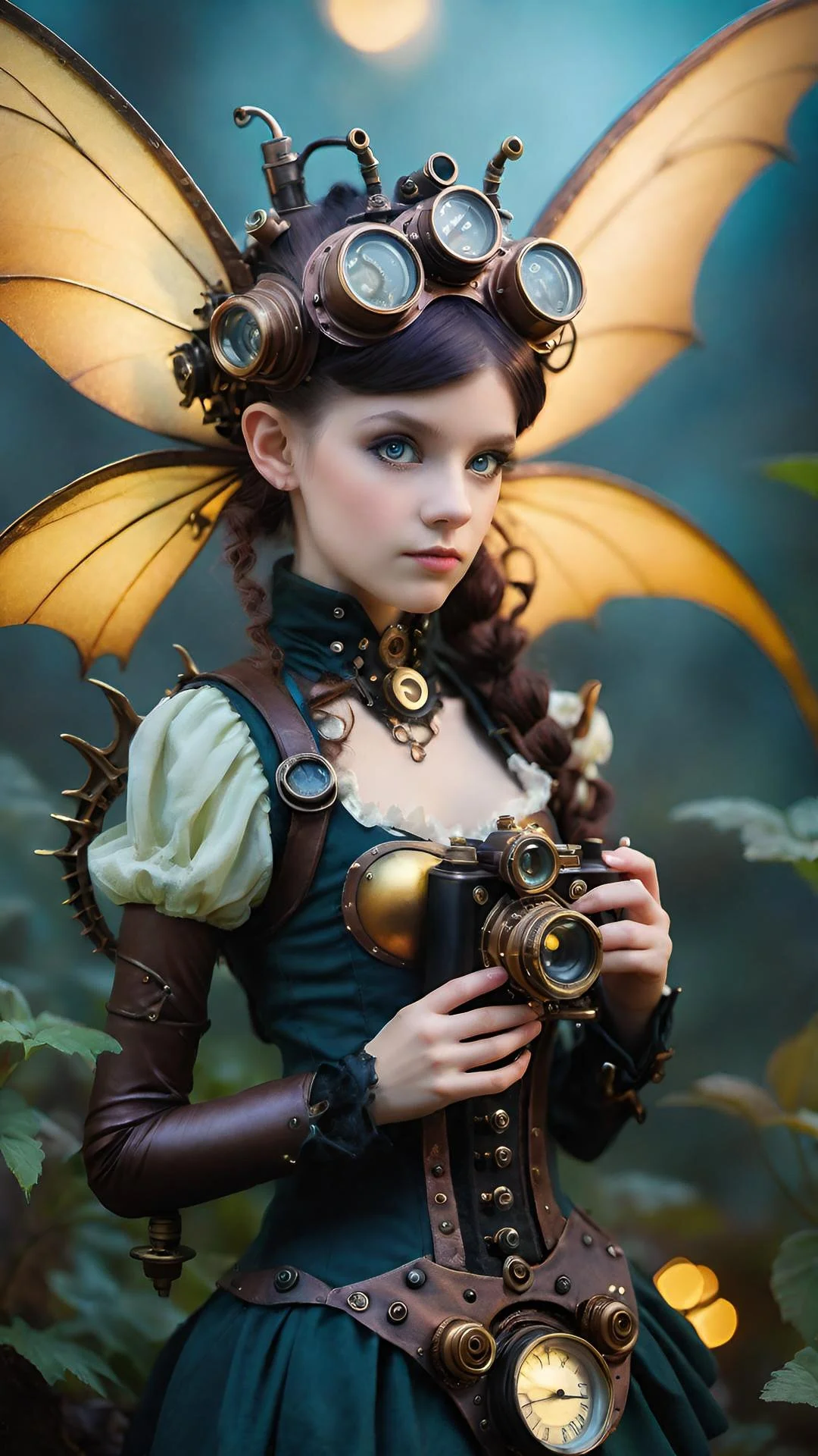 Eldest of the Tinkering Sisters — steampunk fae with glowing amber wings, brass goggles, and clockwork corset, the one who opened the thin hour.”