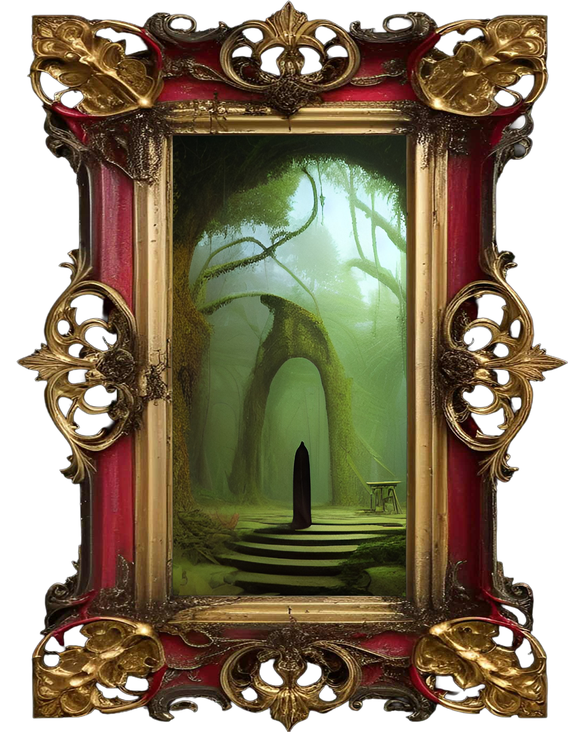 Victorian portal art, Demented Alice series, moss archway fantasy, AI surrealism, through the veil, dream passage, insomnia-born art