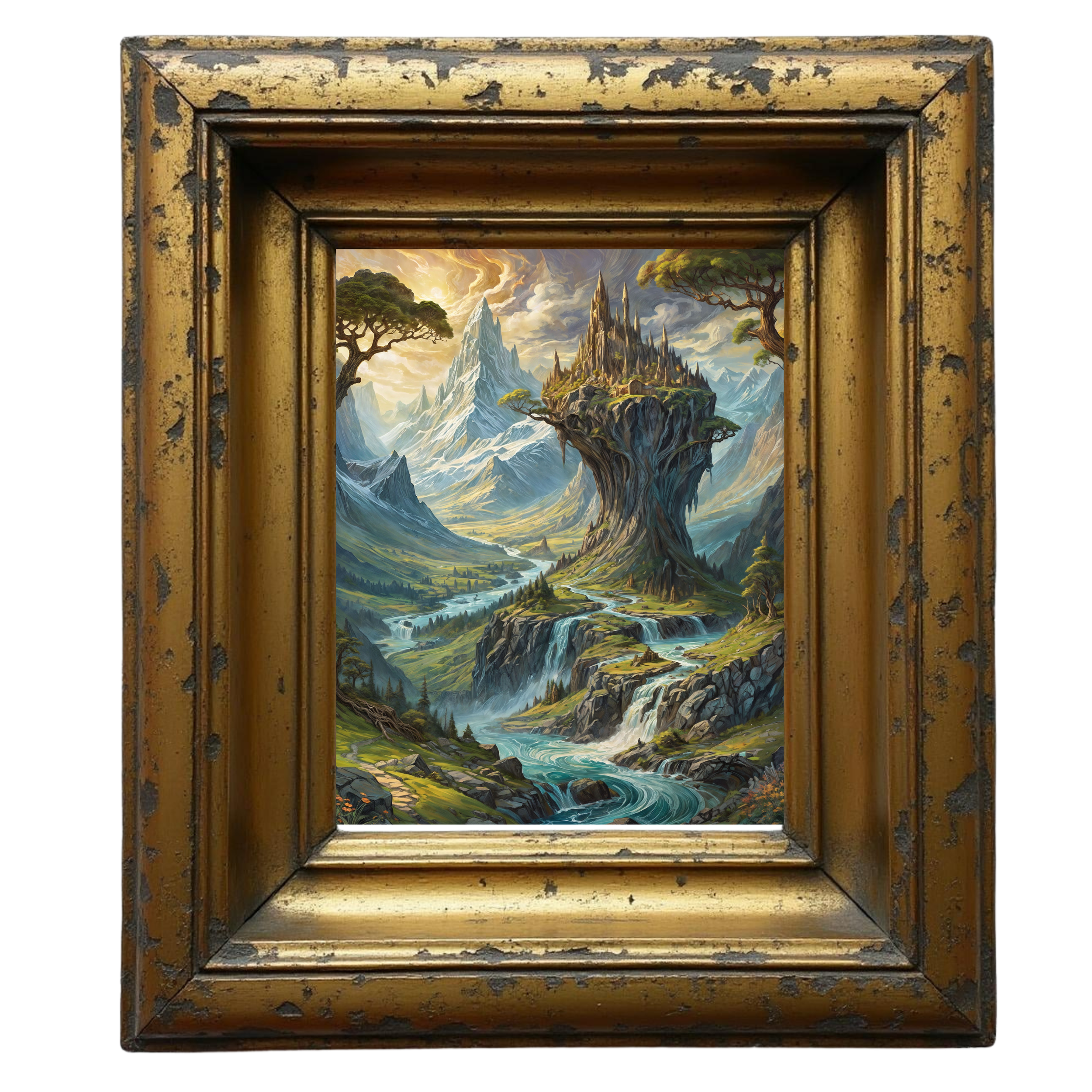 Skyward Reach — framed fantasy portal showing a cliffside realm above the rising sea
