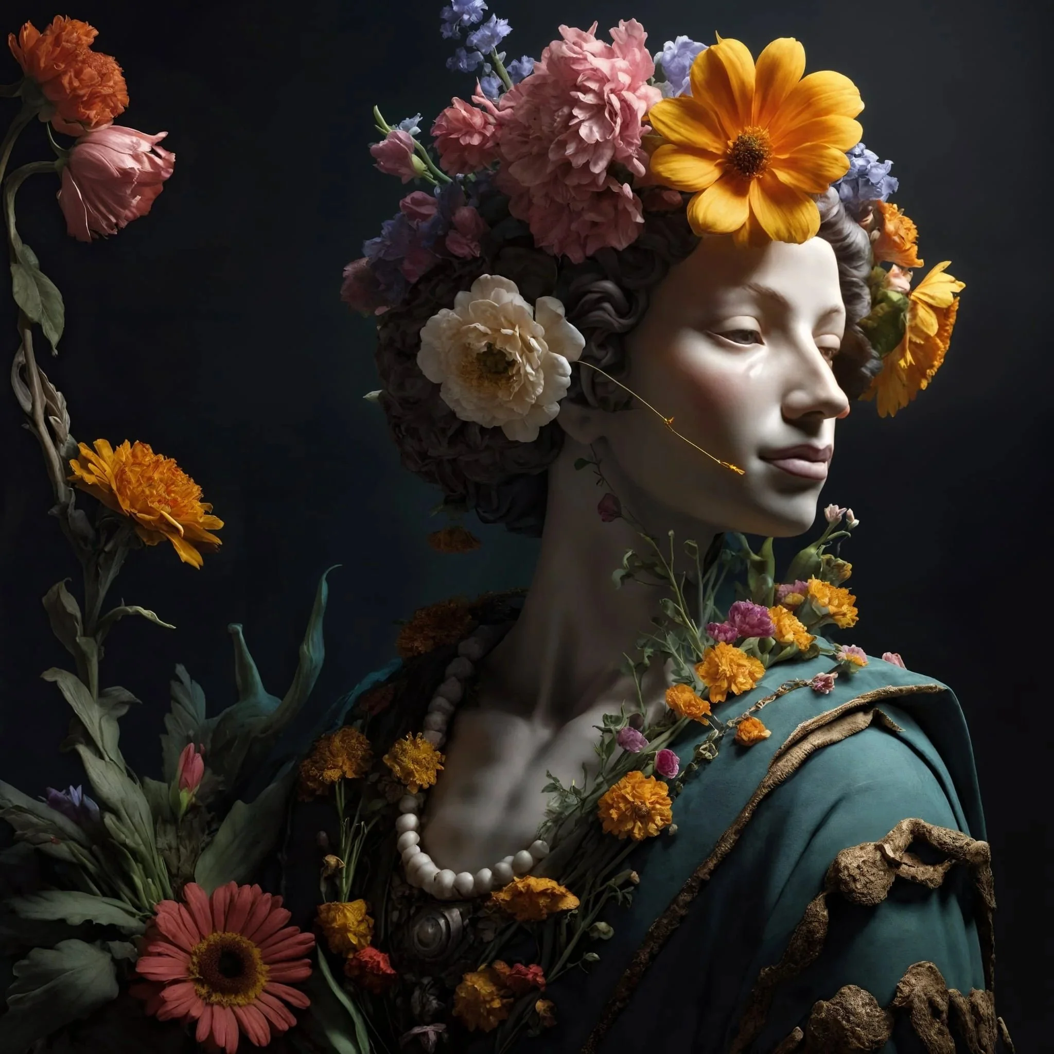 Floral portrait of a serene figure surrounded by vivid blossoms, capturing the quiet moment when the petals gather in the stillness of sleepless nights