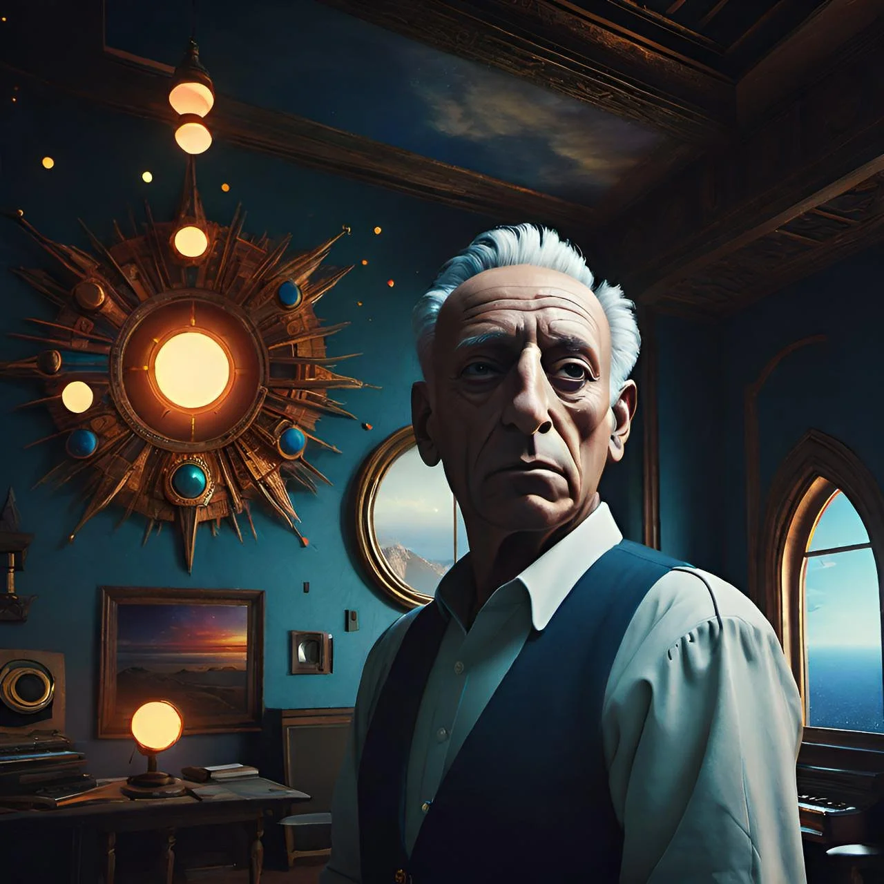 an old man stands with a burning star behind his chest, the room filled with symbols of time that refuse to move 