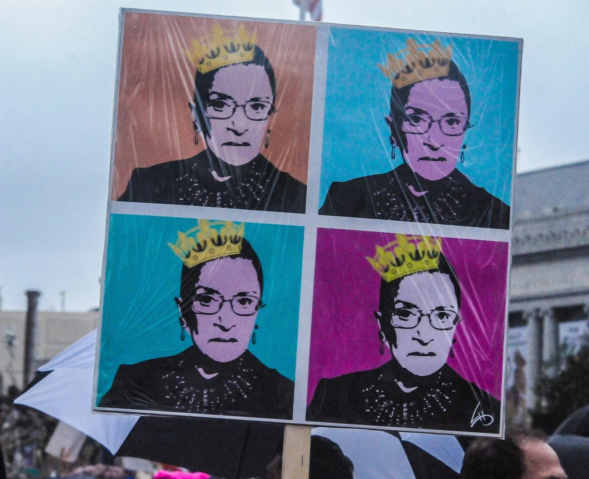 Protest sign featuring Supreme Court Justice Ruth Bader Ginsburg at a demonstration in San Francisco.