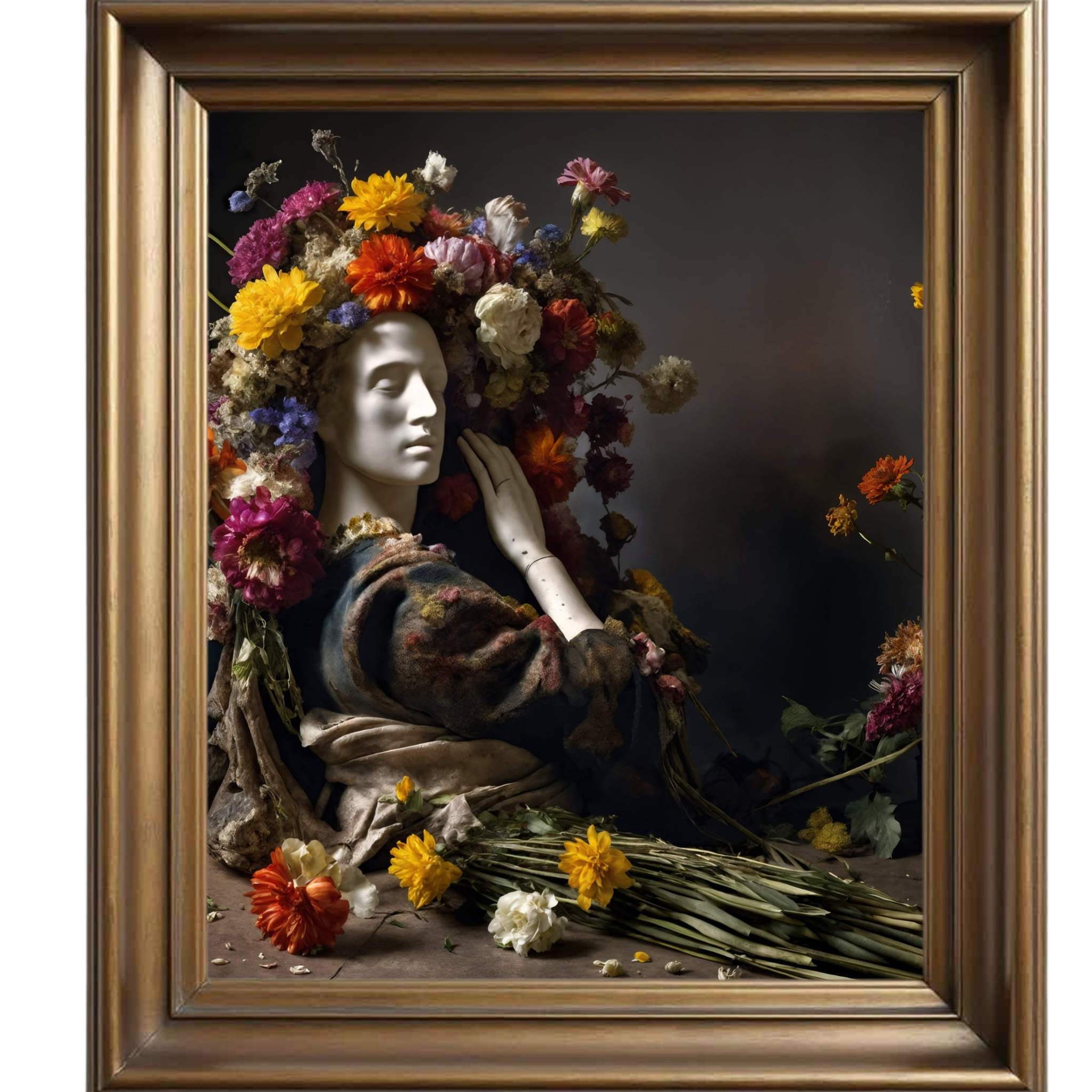 A gentle portrait formed from quiet blossoms, petals shaped as if listening to a whispered story.