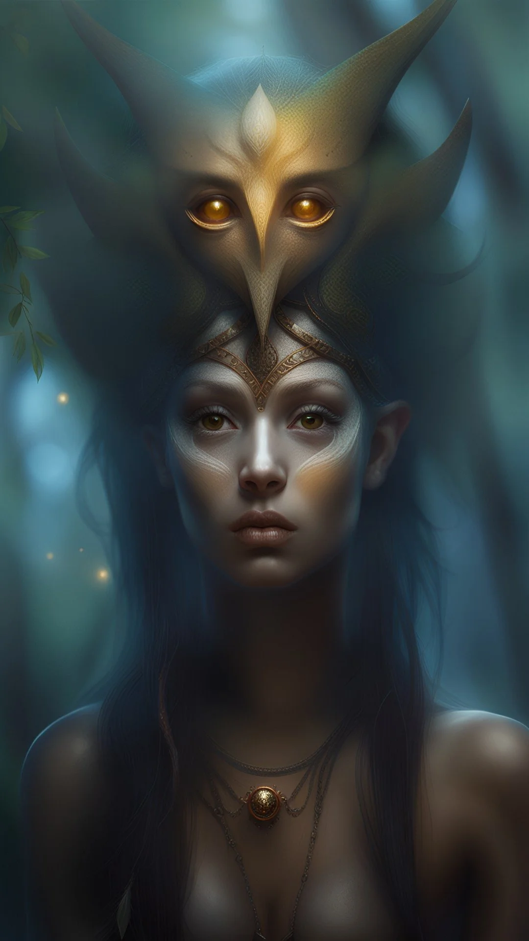 A fae with two faces layered in moonlit symmetry, watching from different angles at once.