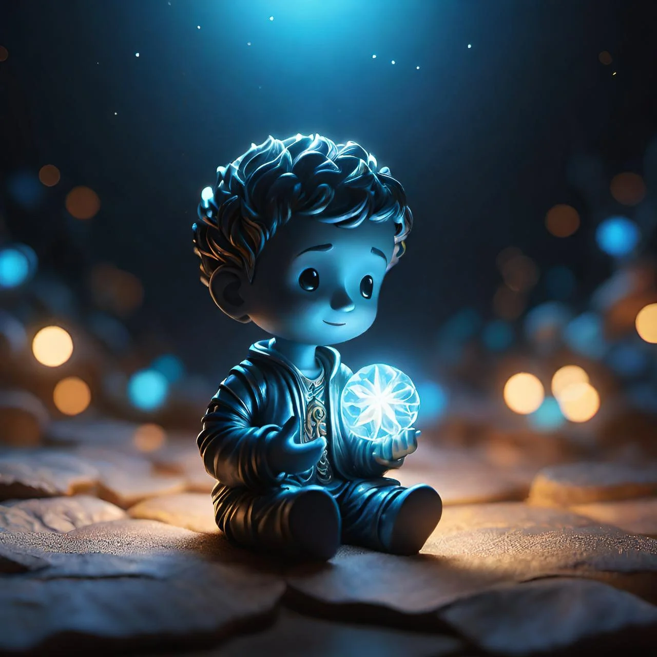 A luminous blue figure holding a glowing orb in a dark space.