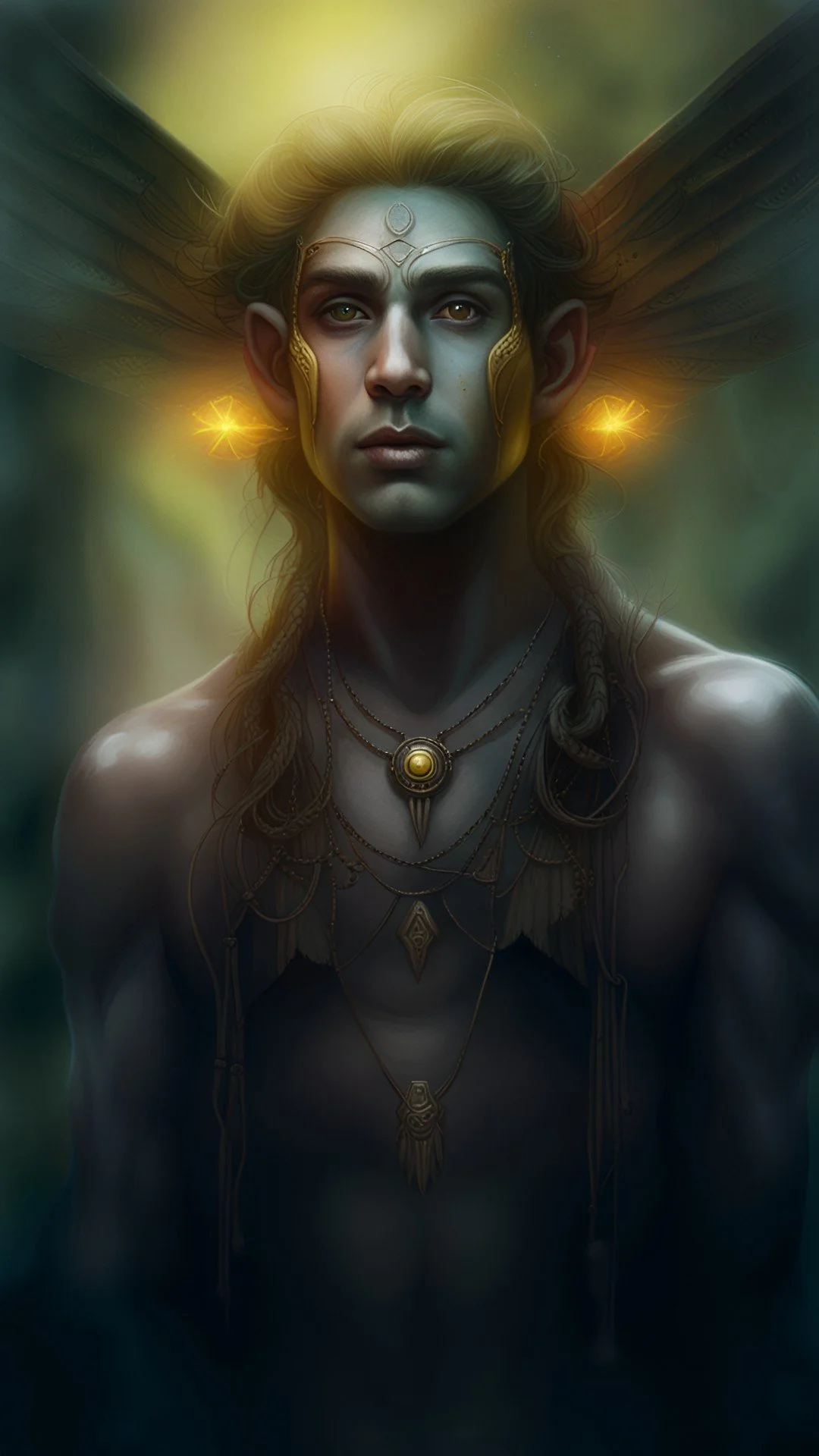 A male fae with ember-bright light flaring behind his head, staring forward with quiet fire.