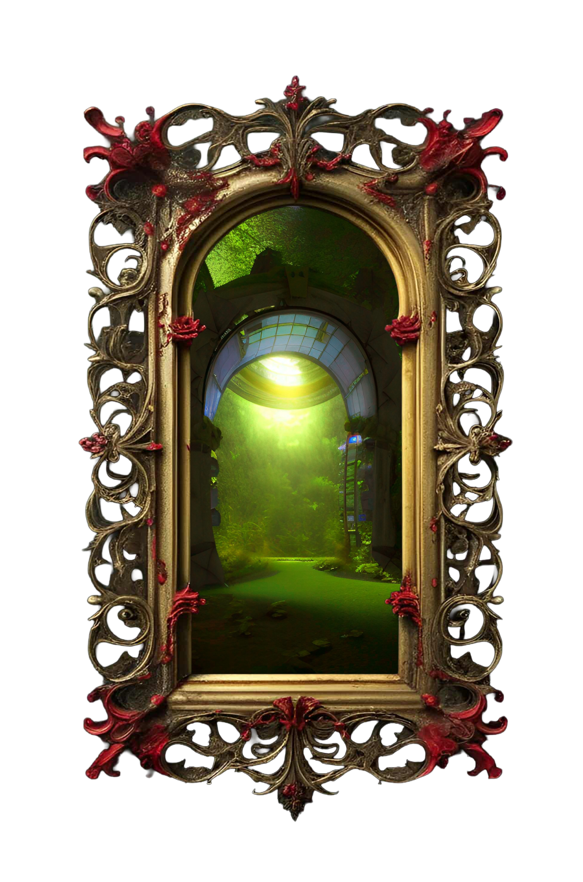 An ornate gold and crimson Victorian portal glowing with eerie green light, the words “Reality Flickers” twisting vertically within, as if caught between dream and waking.