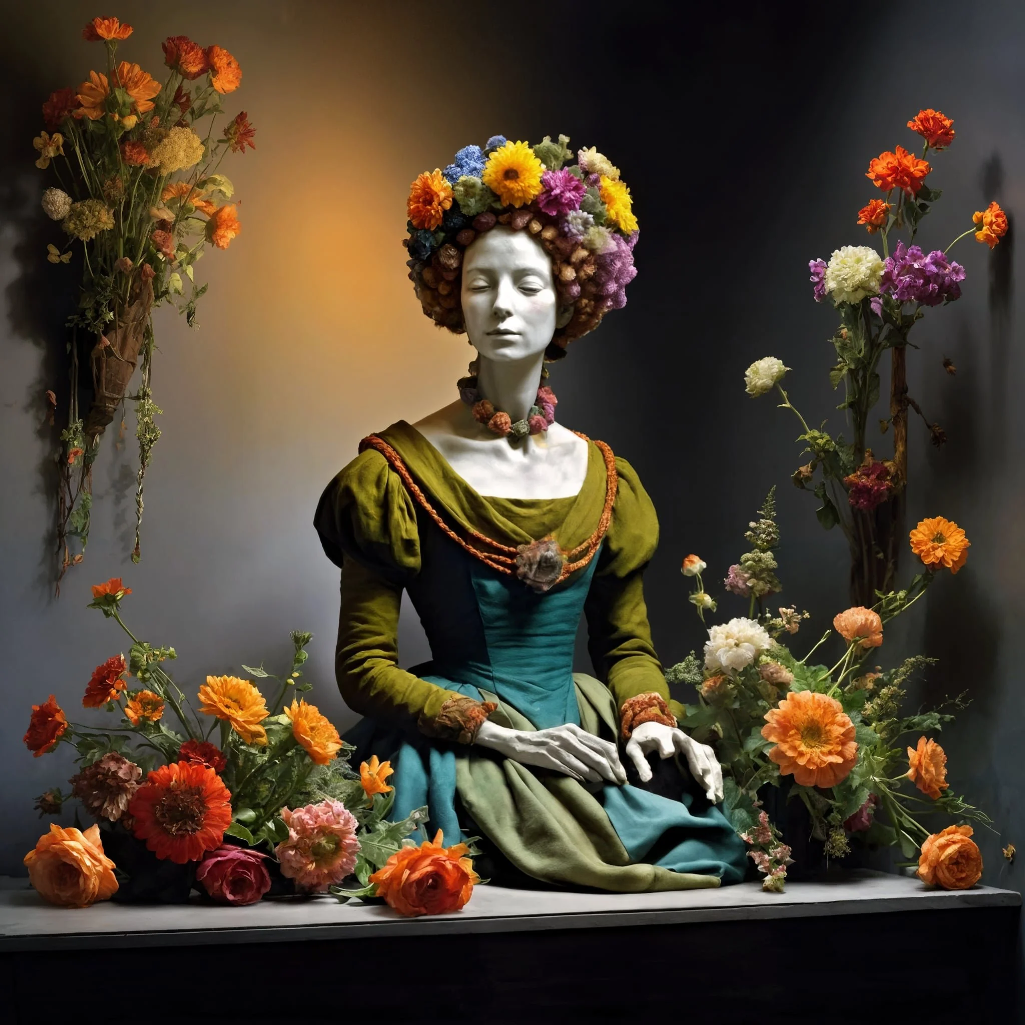 Floral portrait of a serene figure surrounded by vivid blossoms, capturing the quiet moment when the petals gather in the stillness of sleepless nights