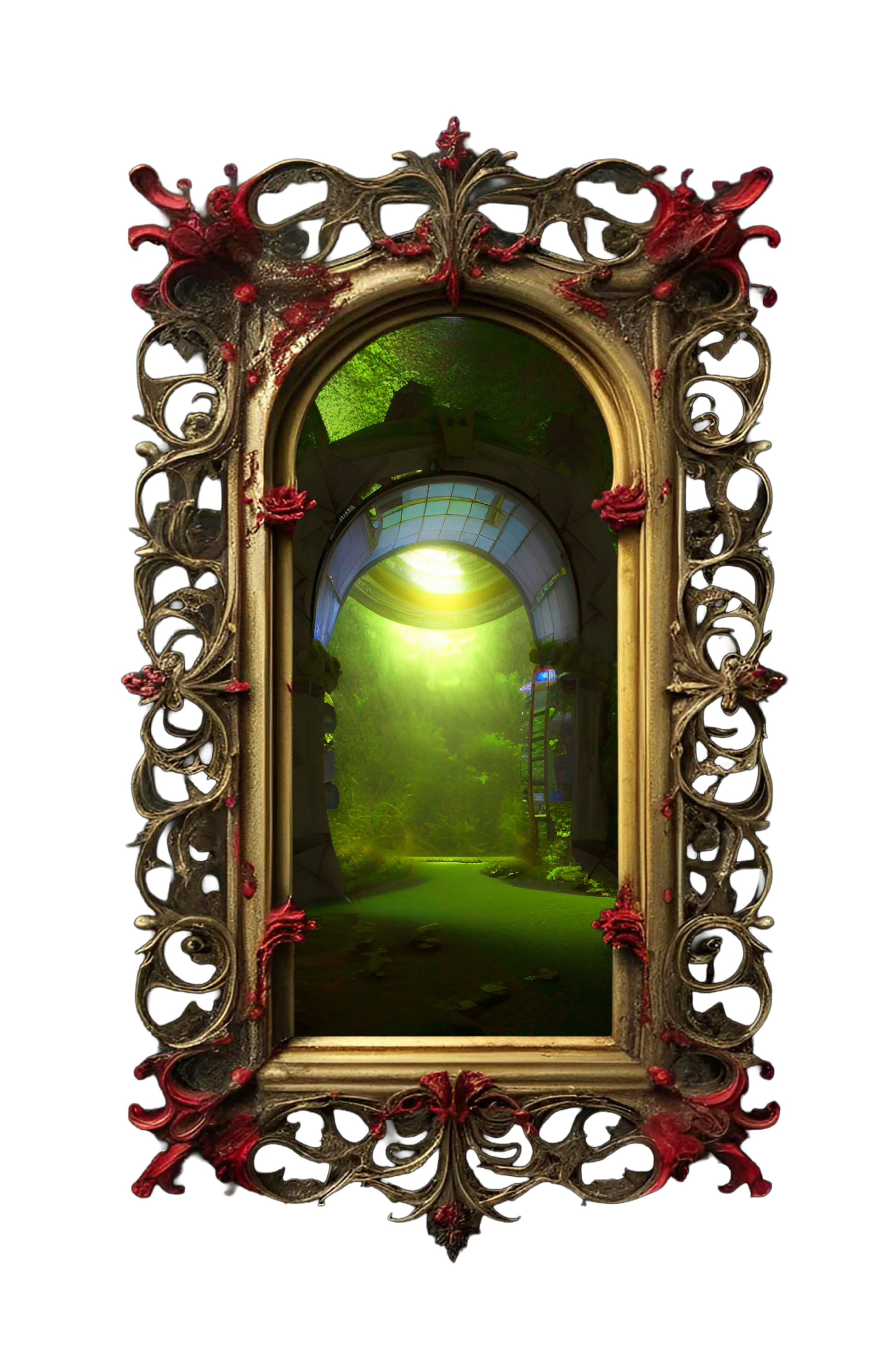 A shadowed mossy gateway framed in gold and rose detail where shadows linger.