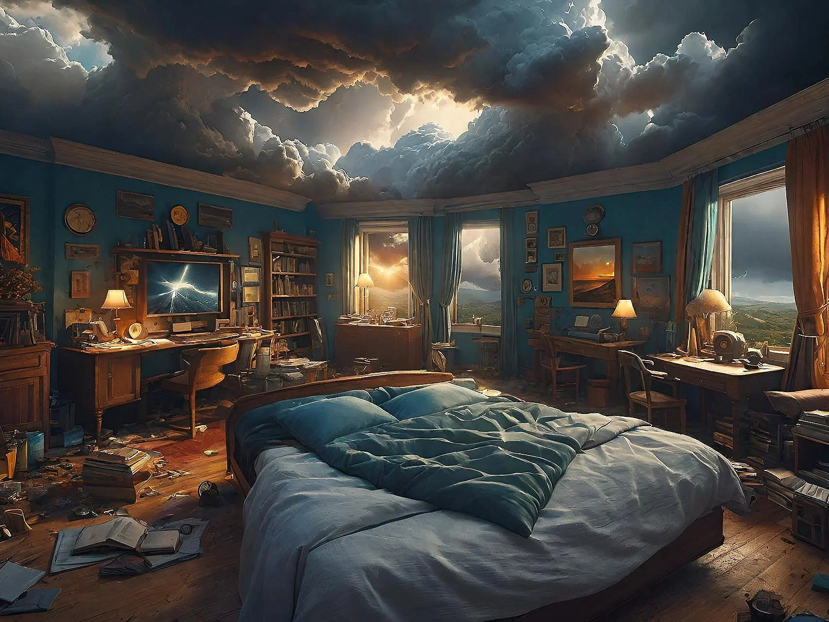 A warm, cluttered bedroom  with a ceiling that opens into a dramatic sky, blurring the boundary, between sleep and awak