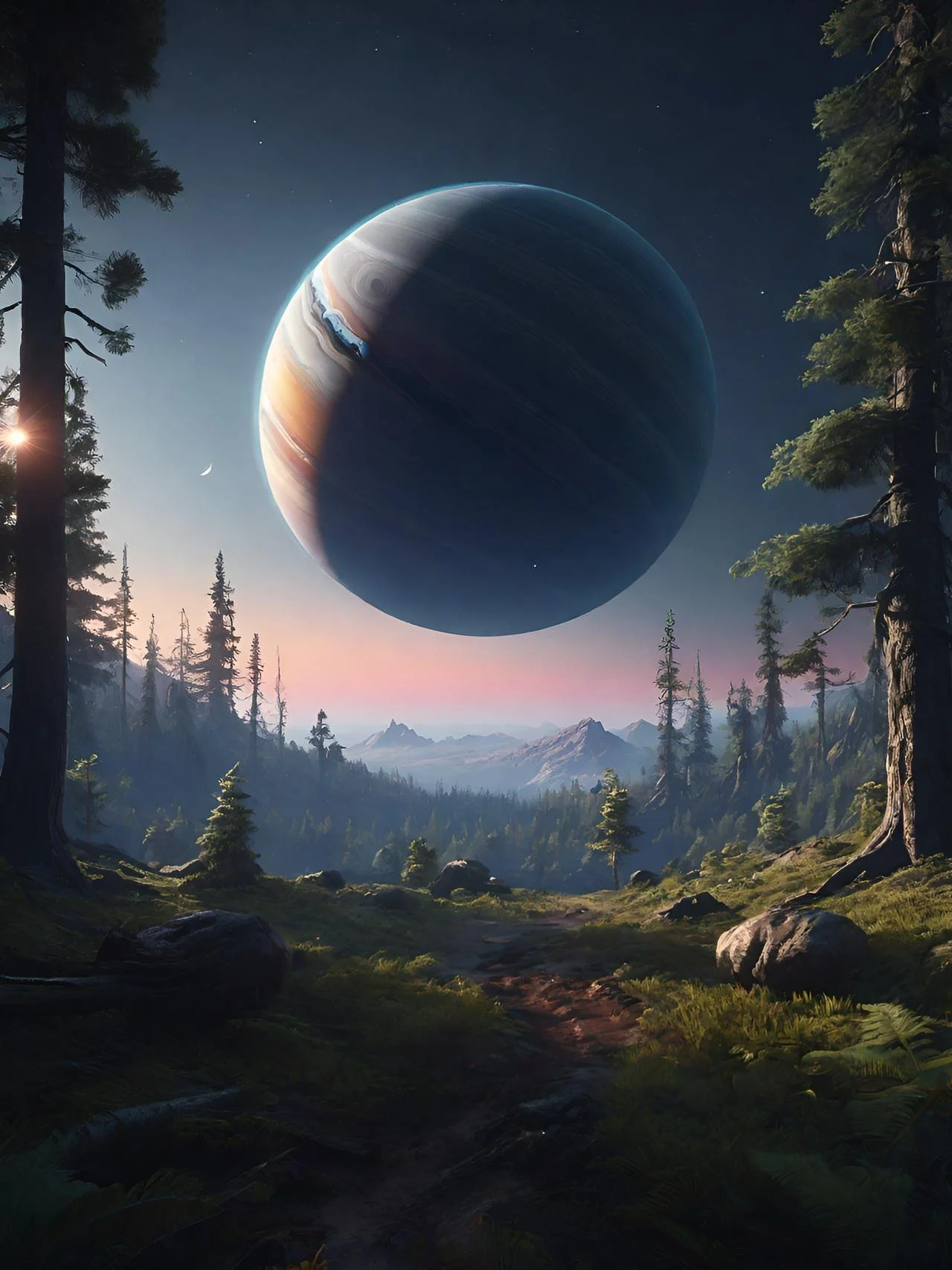 A rising planet drifts above parchment fragments, echoing worlds once charted in restless night — the map folds inward.