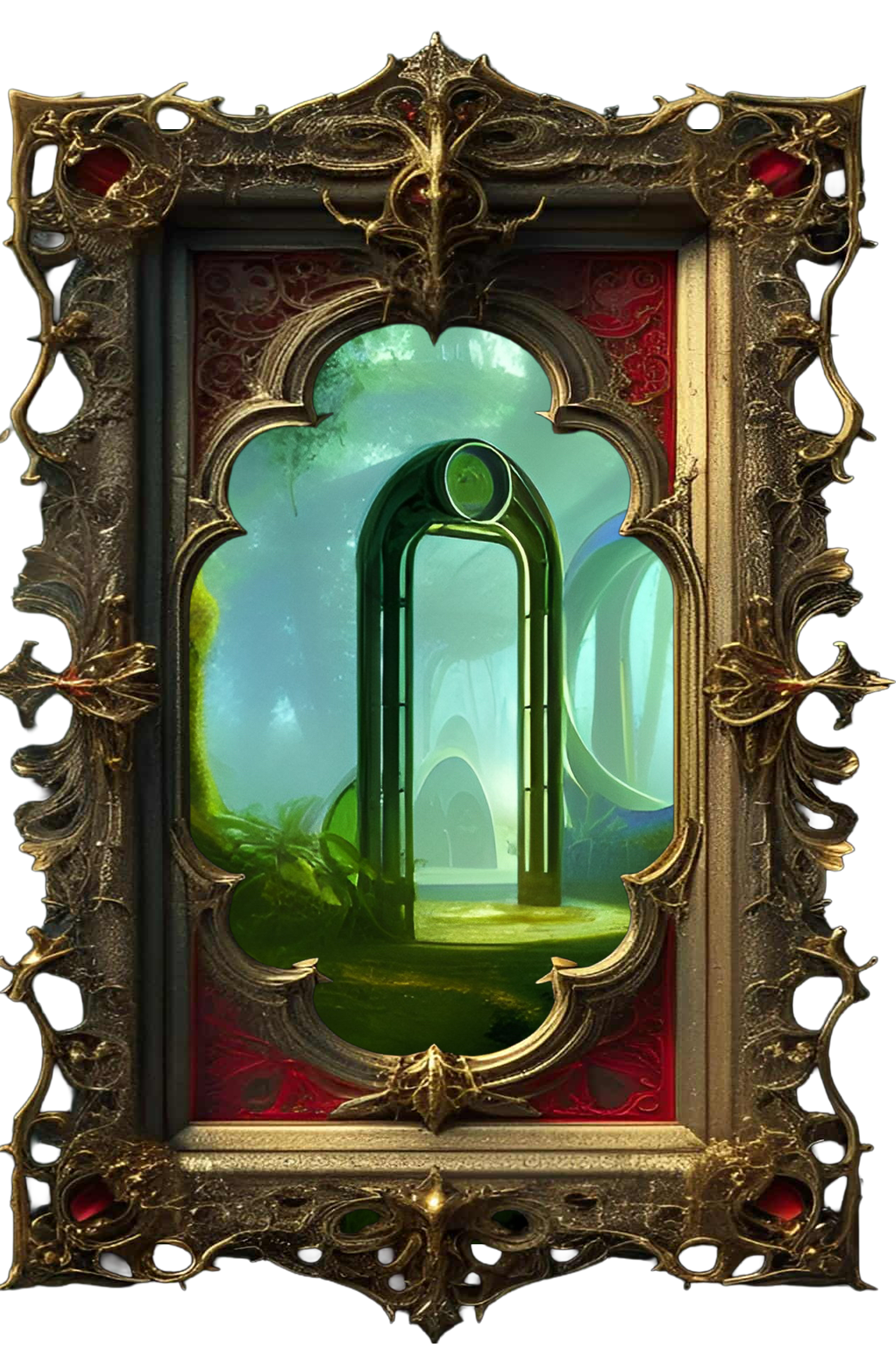 A golden Victorian frame revealing a surreal green passageway, time bending beyond