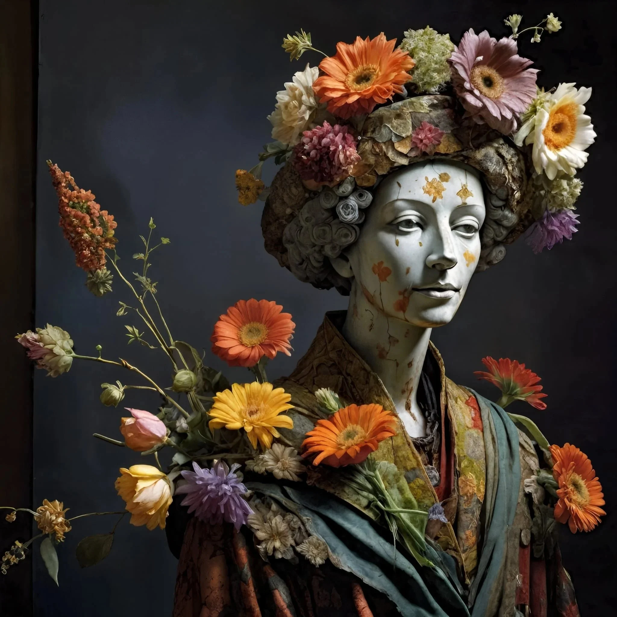 A serene porcelain-faced figure adorned with a crown of vibrant orange and pink flowers, holding a bouquet across the chest, standing in soft dramatic light — a floral guardian from the ‘I Stop for Flowers’ gallery