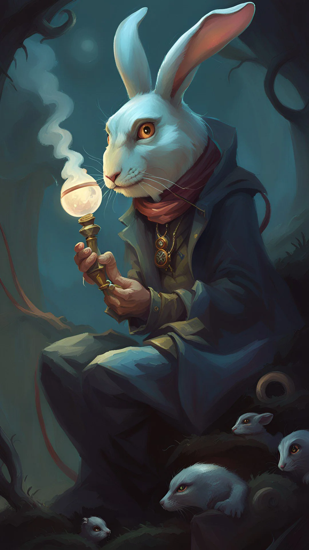 The White Rabbit from Demented Alice, cloaked in midnight blue, holding a glowing pocket lamp as small spectral hares gather at his feet.