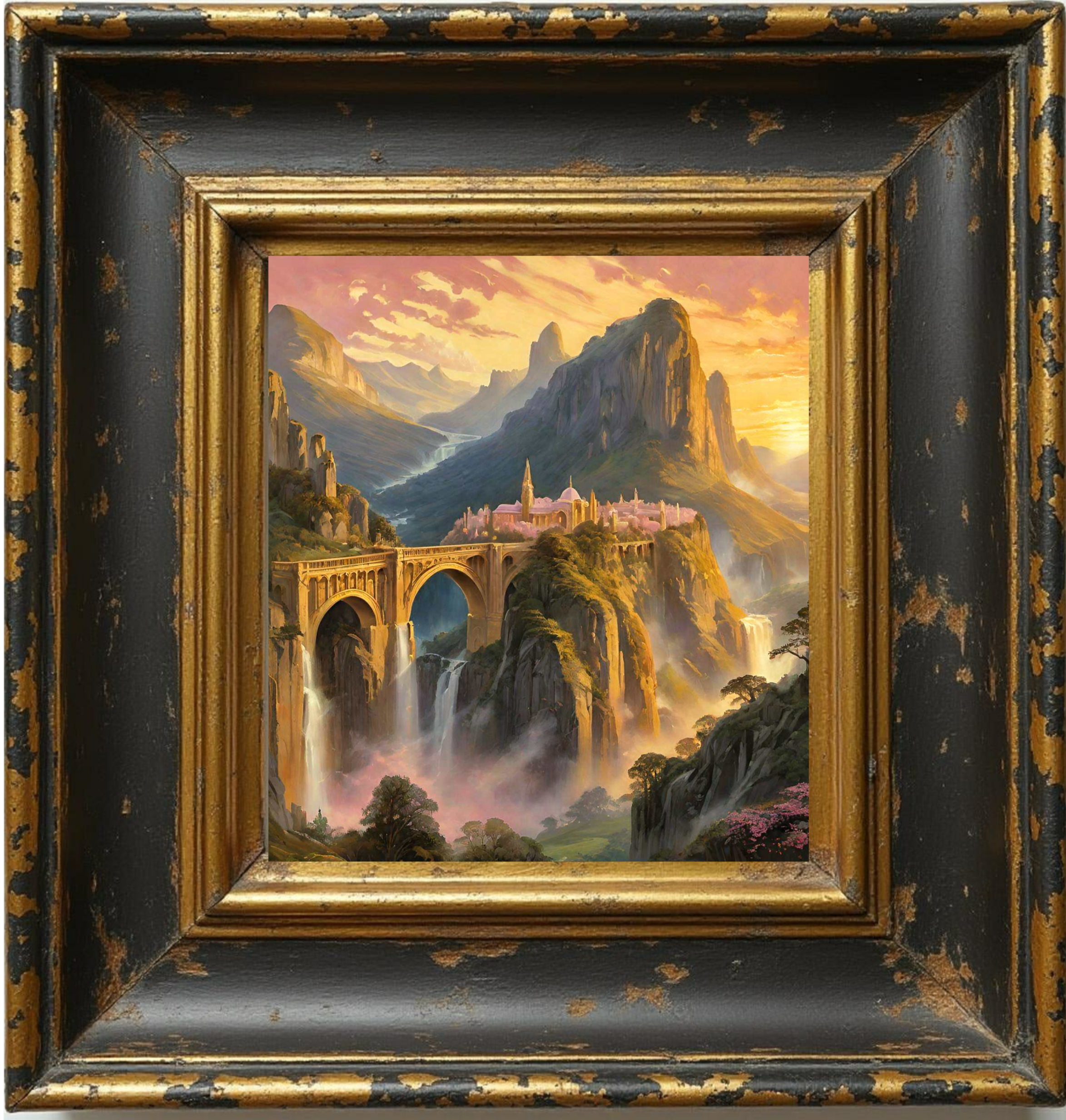“Gleamward Territories — framed fantasy portal showing a glowing green valley beneath storm-lit skies.”