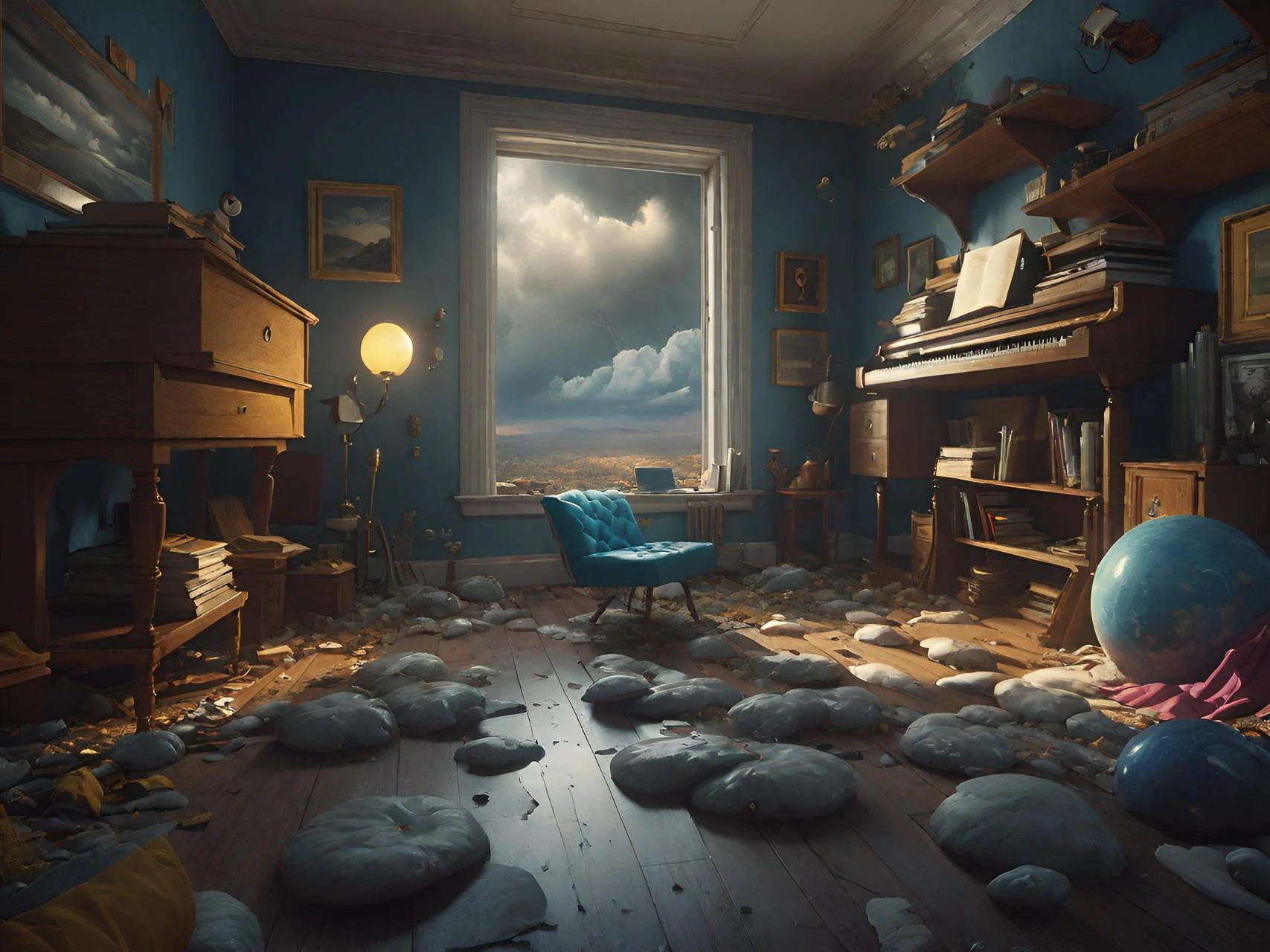 a surreal bedroom flooded with reflective water and warm light, where clouds drift through open windows and furniture floats gently -- symbolizing the blurred boundary between insomnia, dreams, and waking reality.