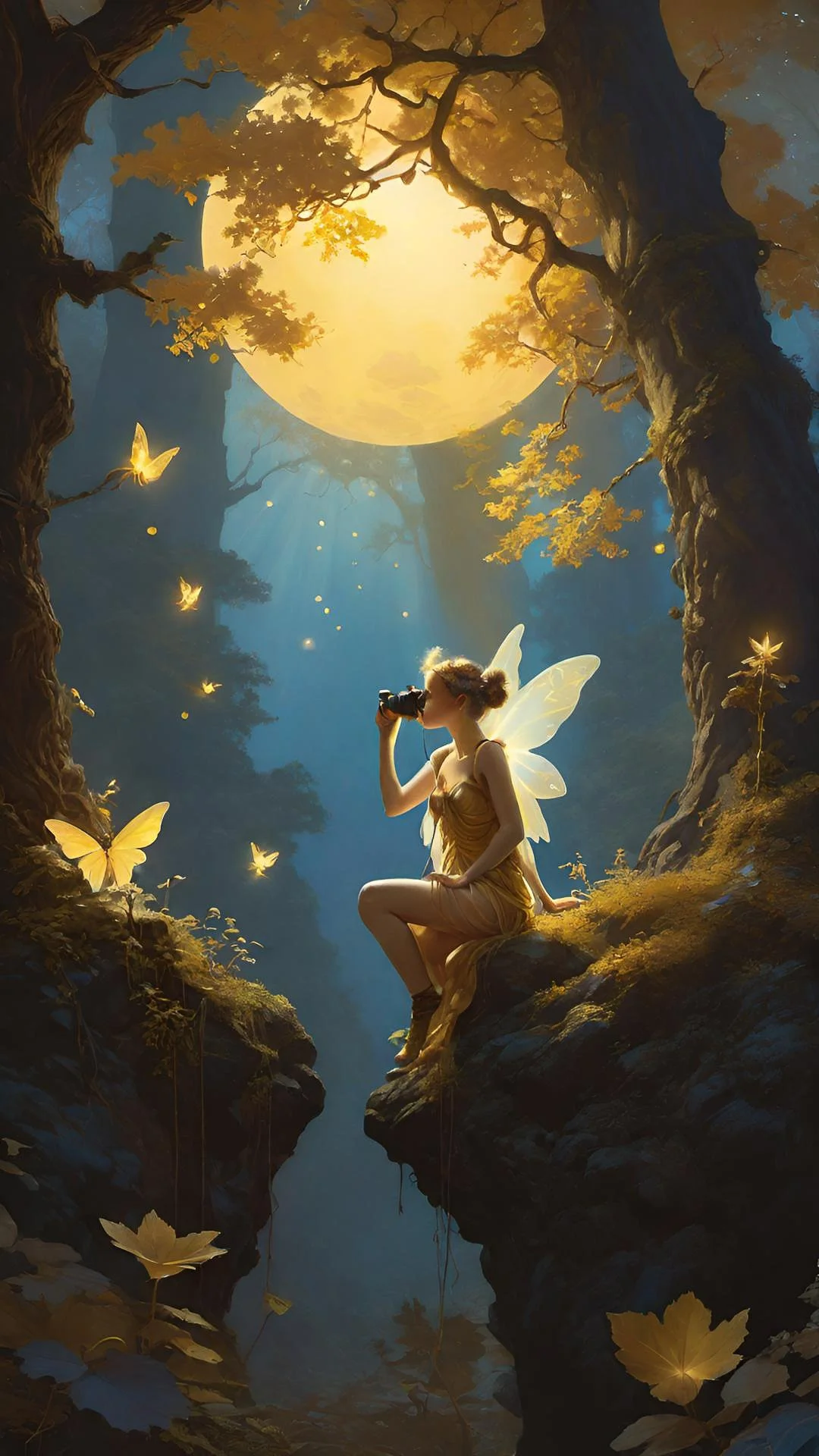 A fae lingers before the rising moon, wings open in reverence — her silhouette caught between dream and waking, as though time itself has stopped to watch
