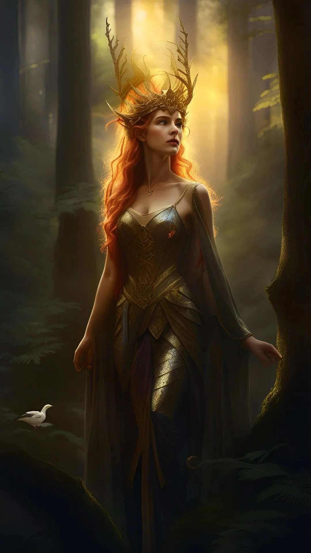 Regal West Fae, crowned in amber dusk and autumn fire, representing the element of endings and embered twilight.”