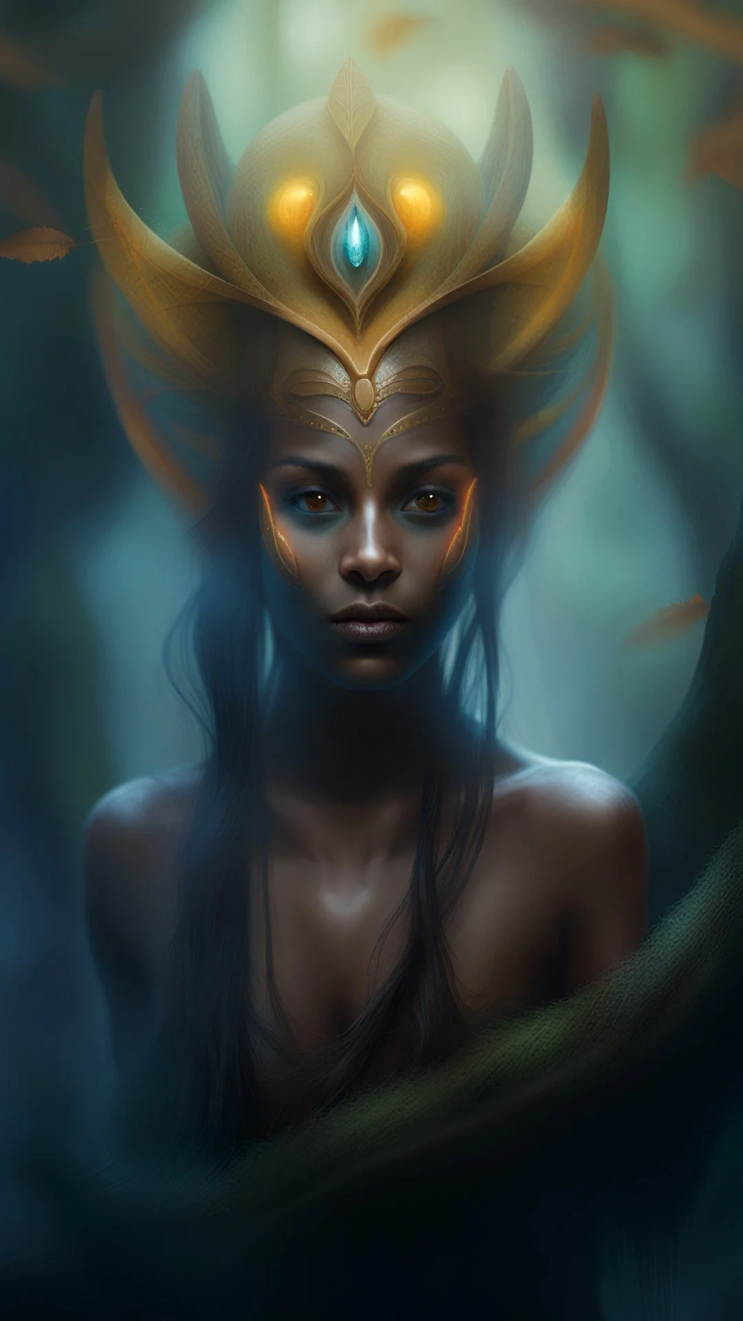 A fae with a diamond-shaped sigil on her brow, lit by deep teal and gold tones.